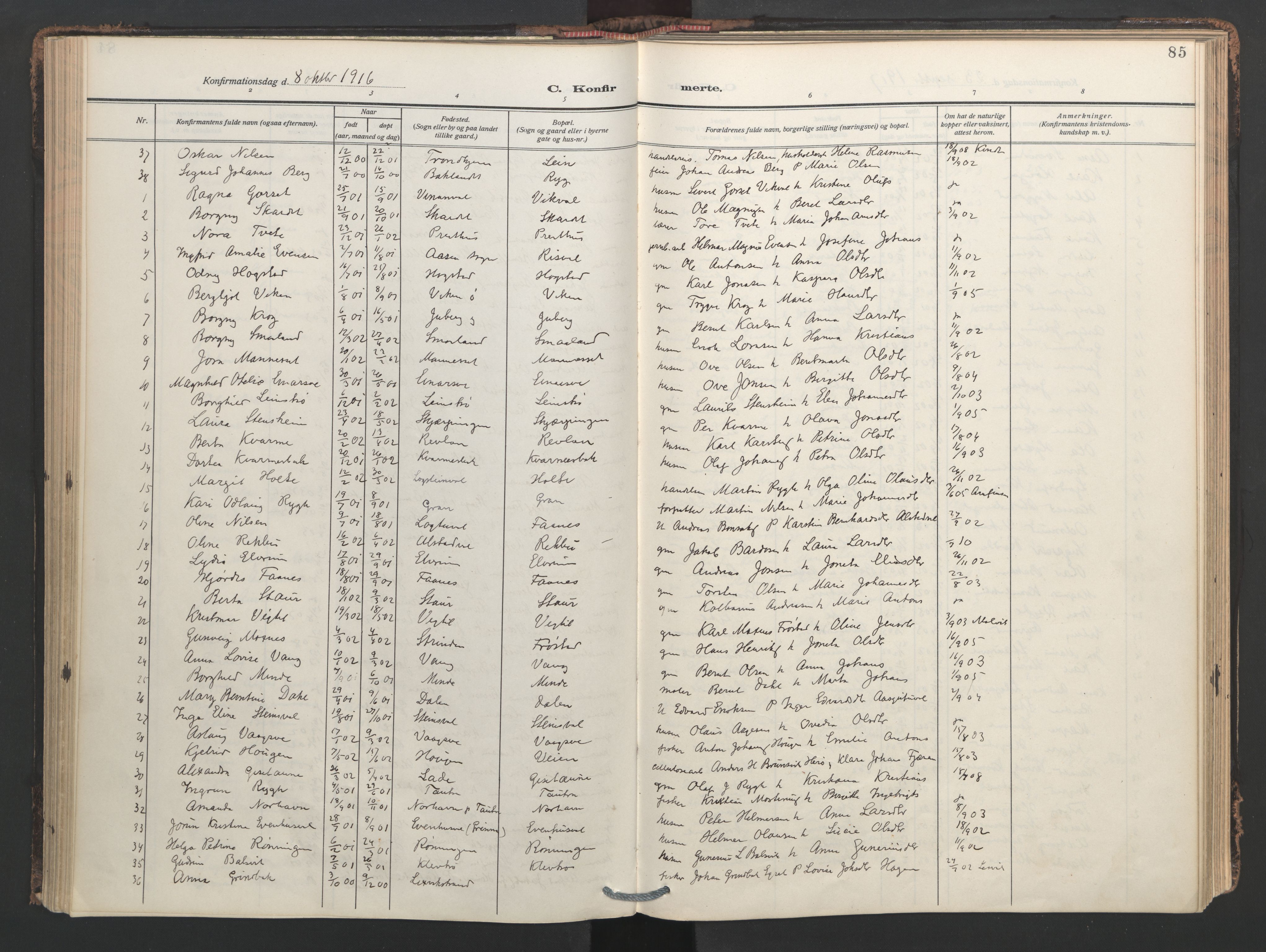 Ministerialprotokoller, klokkerbøker og fødselsregistre - Nord-Trøndelag, AV/SAT-A-1458/713/L0123: Parish register (official) no. 713A12, 1911-1925, p. 85