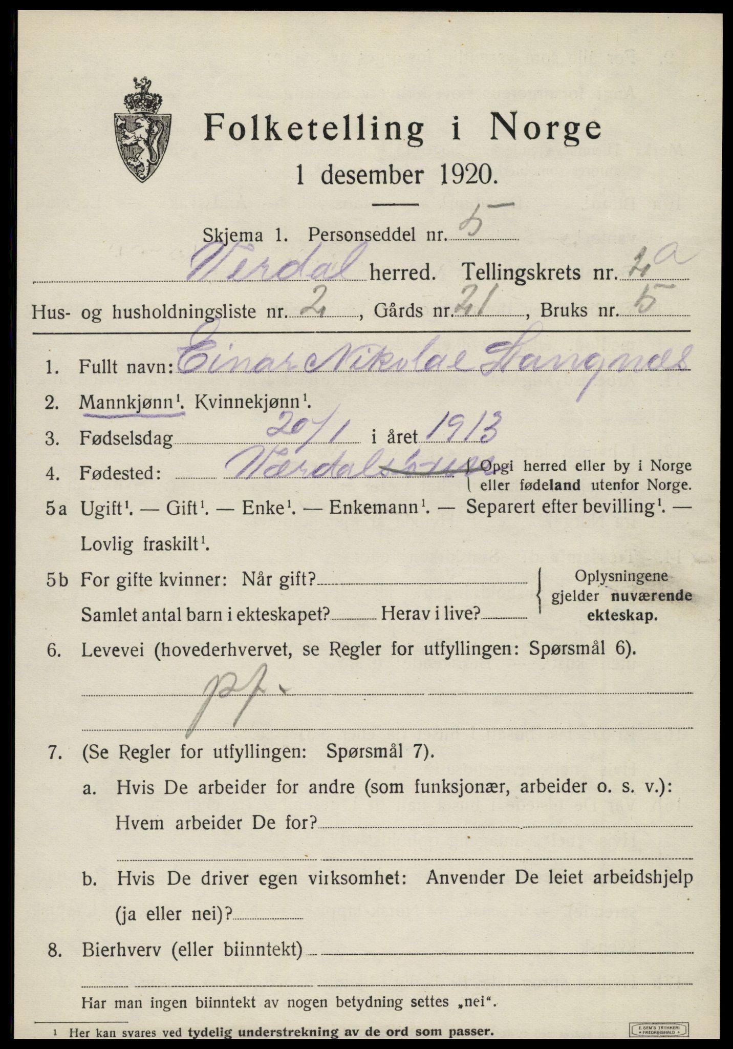 SAT, 1920 census for Verdal, 1920, p. 3739