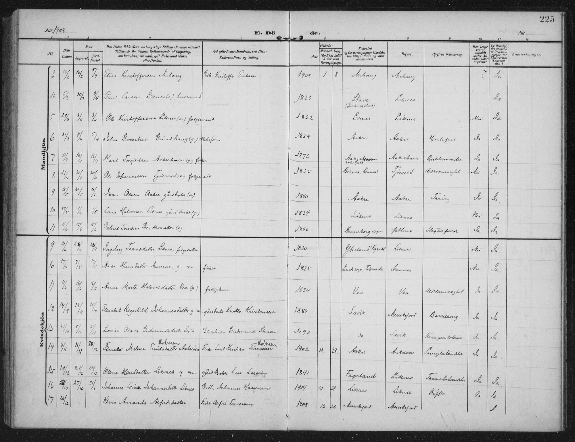 Kopervik sokneprestkontor, AV/SAST-A-101850/H/Ha/Haa/L0005: Parish register (official) no. A 5, 1906-1924, p. 225