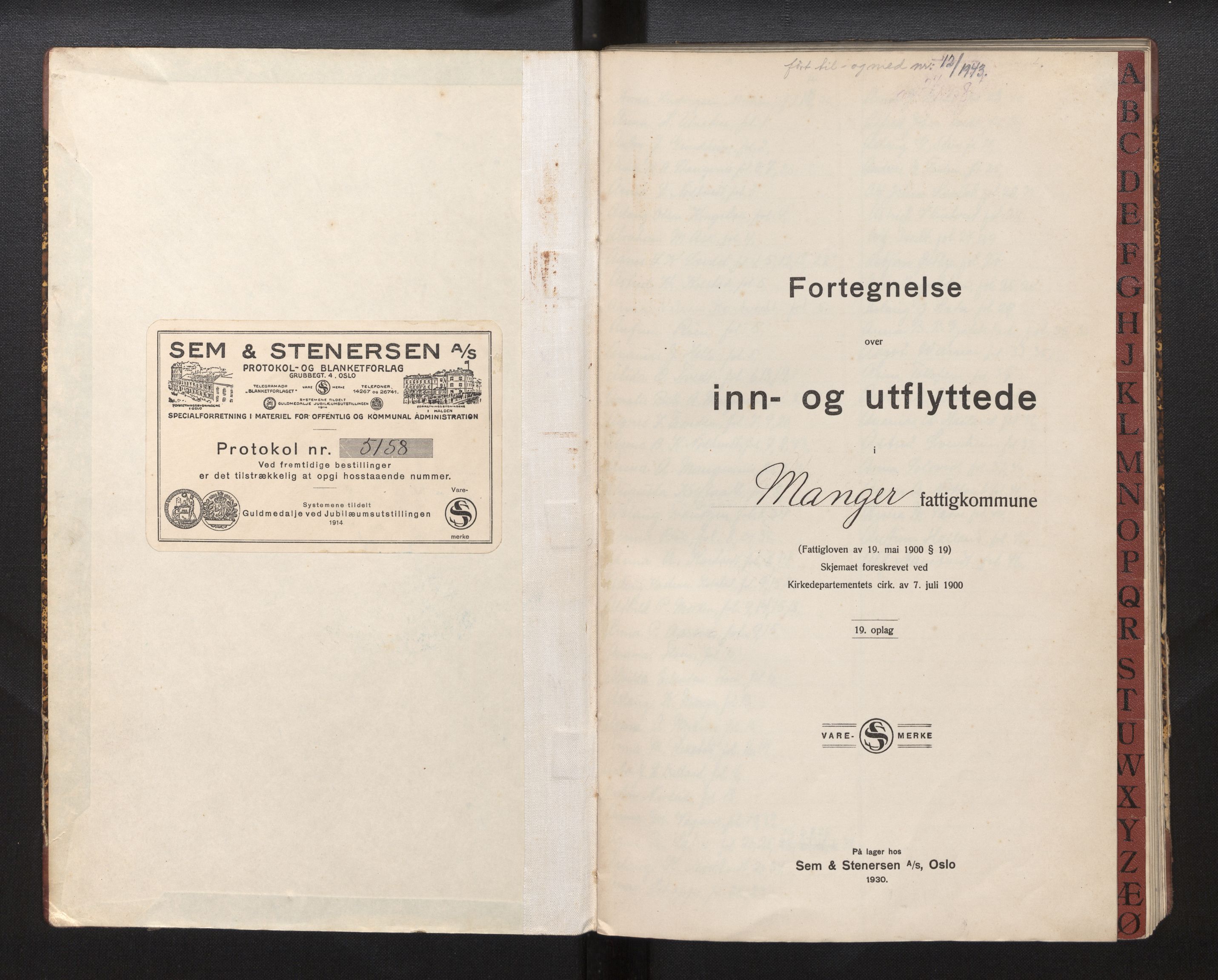 Lensmannen i Manger, SAB/A-33701/0020/L0006: Protokoll over inn- og utflytte, Manger, 1931-1943