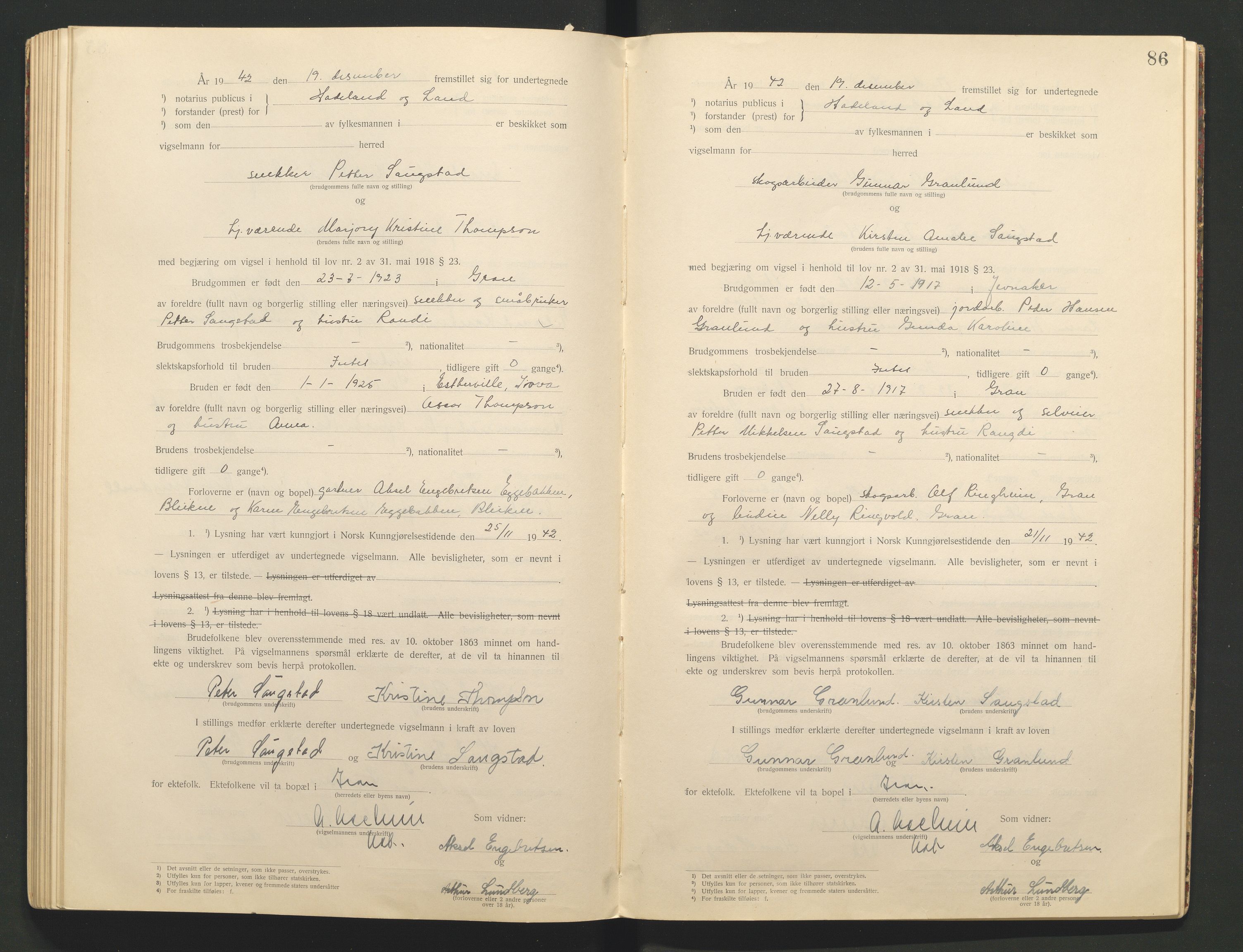 Hadeland og Land tingrett, AV/SAH-TING-010/L/Lb/L0001: Vigselbok, 1920-1943, p. 86