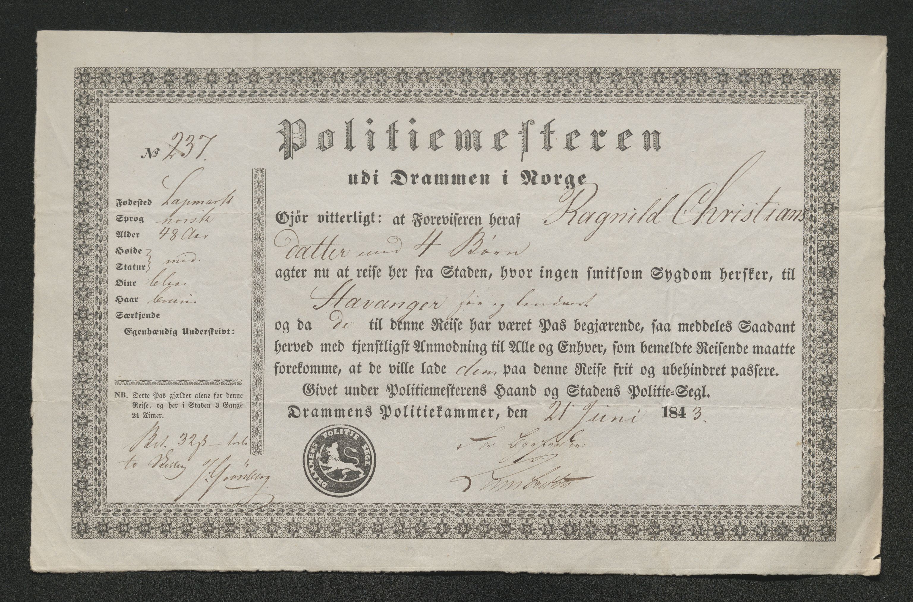 Drammen politikammer, SAKO/A-623/I/Ia/Iab/L0007: Innleverte pass, 1843-1844, p. 229