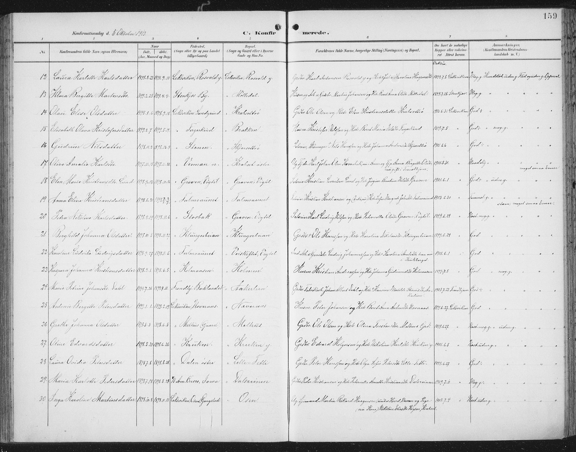 Ministerialprotokoller, klokkerbøker og fødselsregistre - Nord-Trøndelag, AV/SAT-A-1458/701/L0011: Parish register (official) no. 701A11, 1899-1915, p. 159