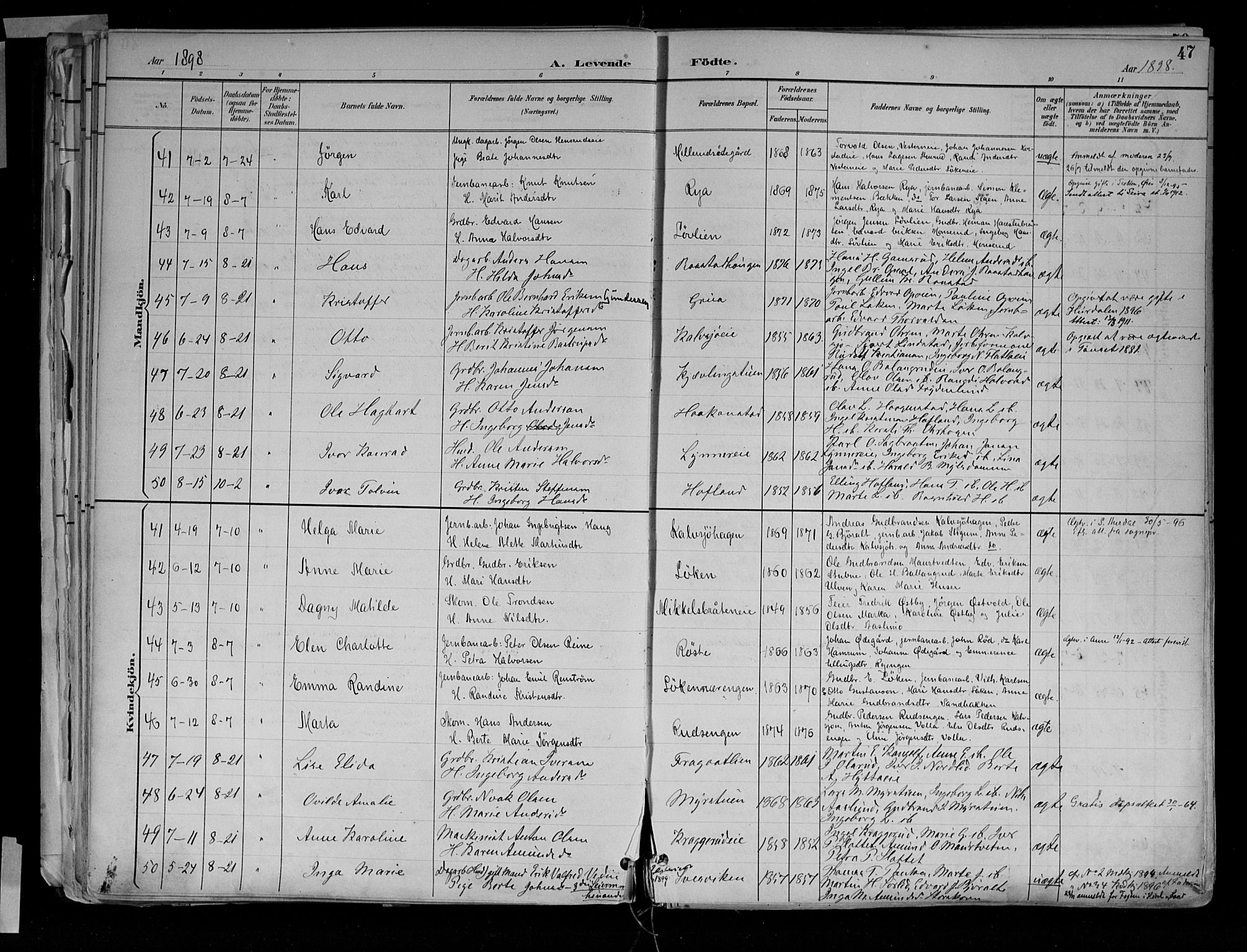 Jevnaker prestekontor, SAH/PREST-116/H/Ha/Haa/L0010: Parish register (official) no. 10, 1891-1906, p. 47