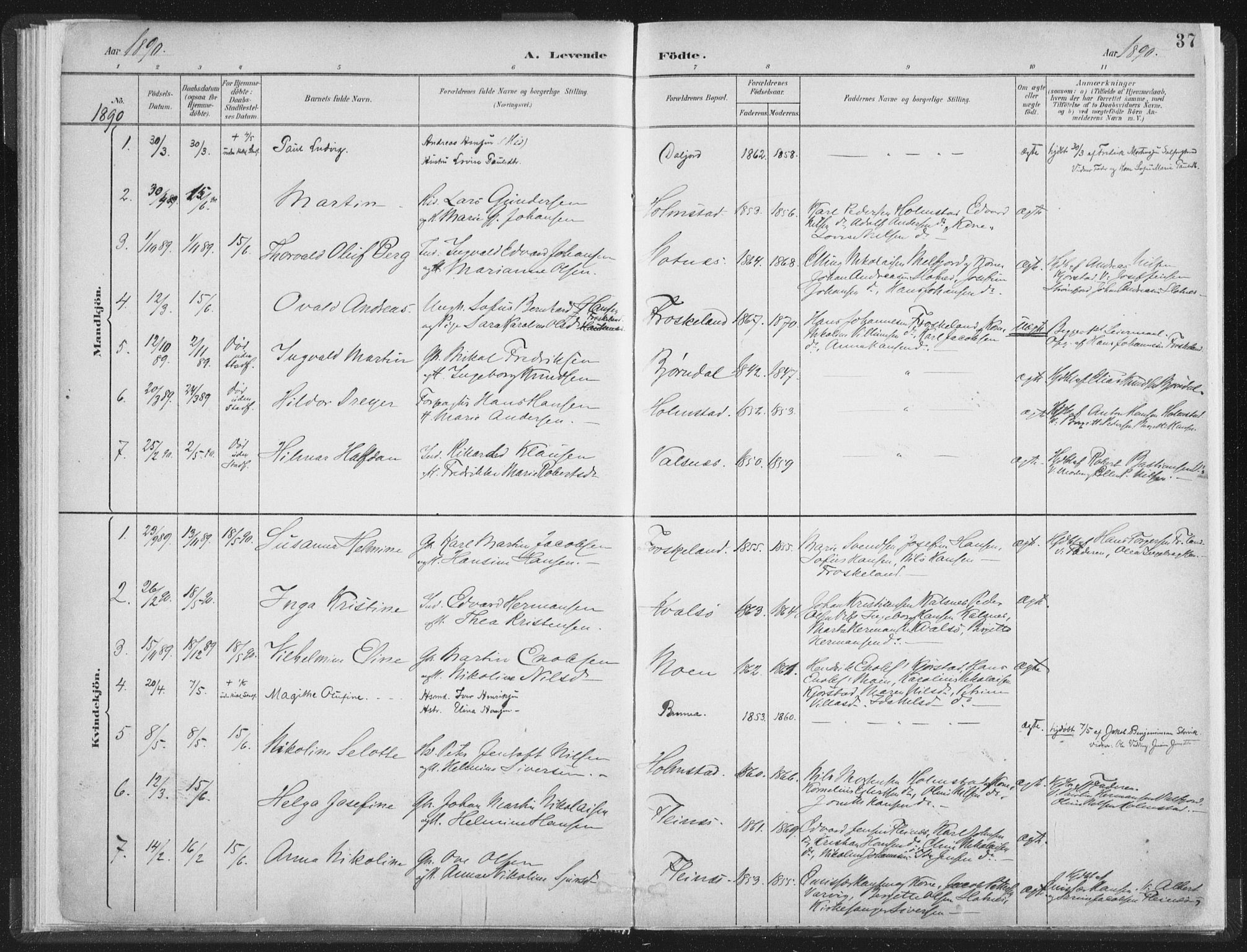 Ministerialprotokoller, klokkerbøker og fødselsregistre - Nordland, SAT/A-1459/890/L1286: Parish register (official) no. 890A01, 1882-1902, p. 37