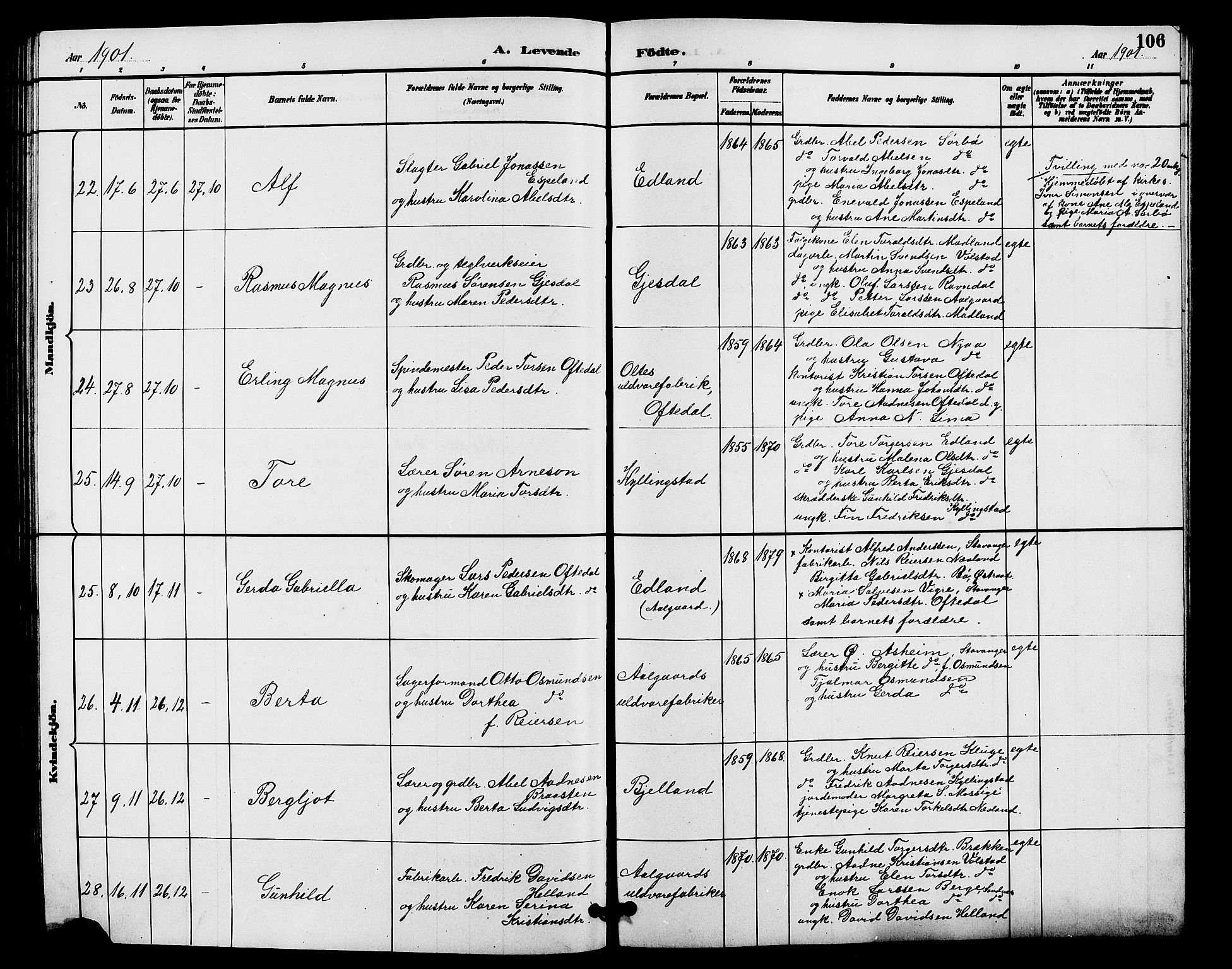 Lye sokneprestkontor, AV/SAST-A-101794/001/30BB/L0008: Parish register (copy) no. B 7, 1887-1901, p. 106