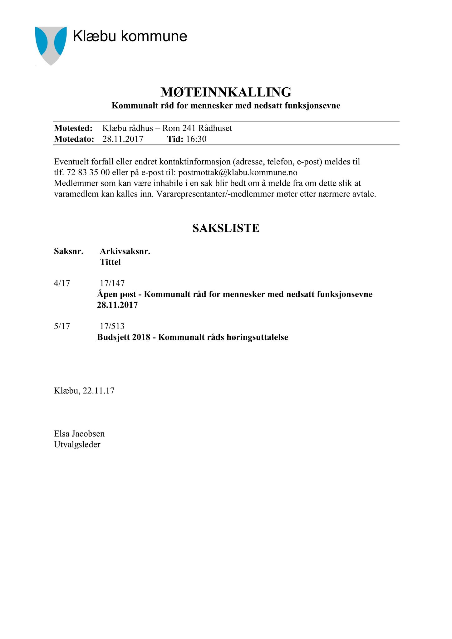 Klæbu Kommune, TRKO/KK/08-KMNF/L007: Kommunalt råd for mennesker med nedsatt funksjonsevne - Møteoversikt, 2017, p. 21