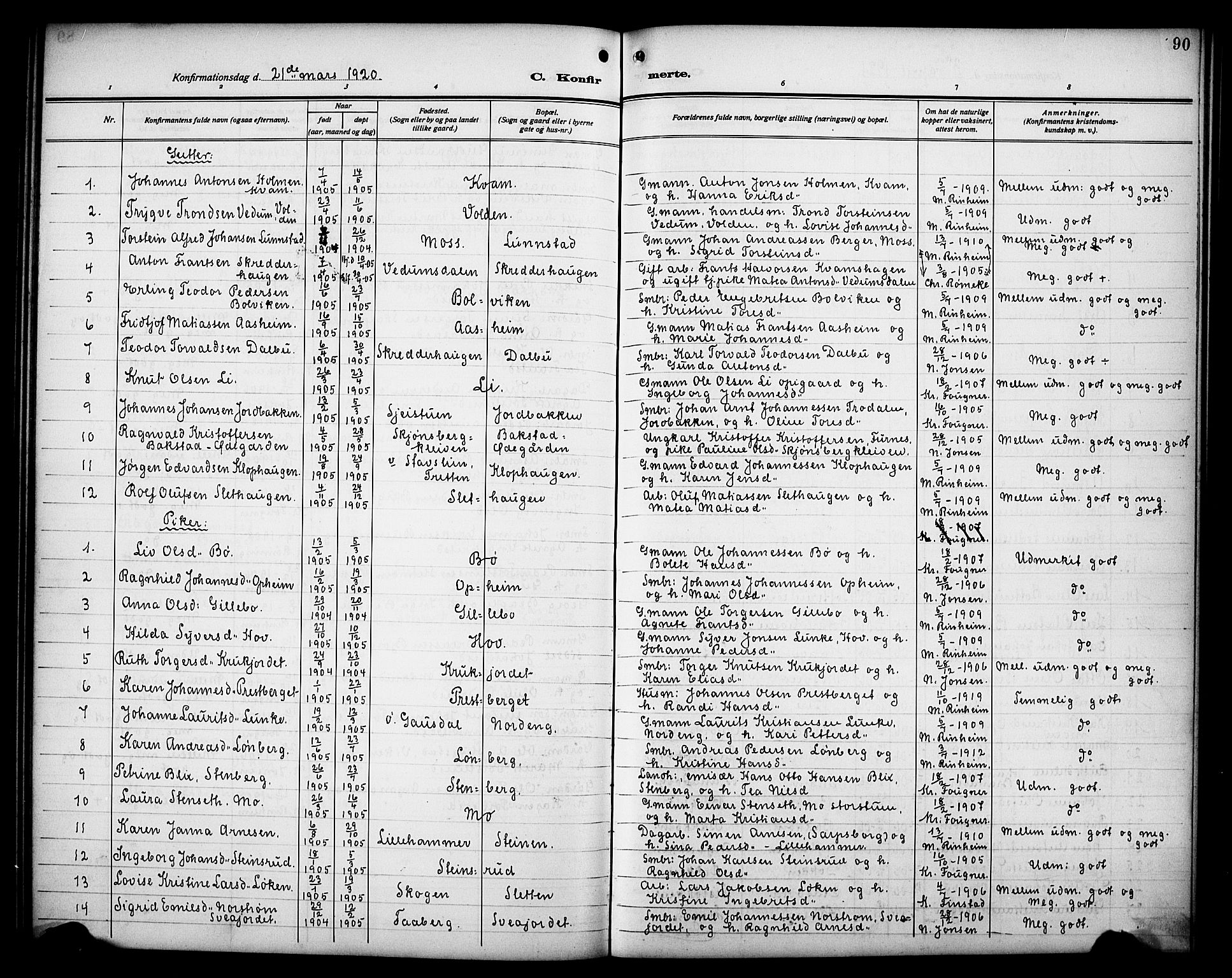 Øyer prestekontor, SAH/PREST-084/H/Ha/Hab/L0007: Parish register (copy) no. 7, 1913-1928, p. 90