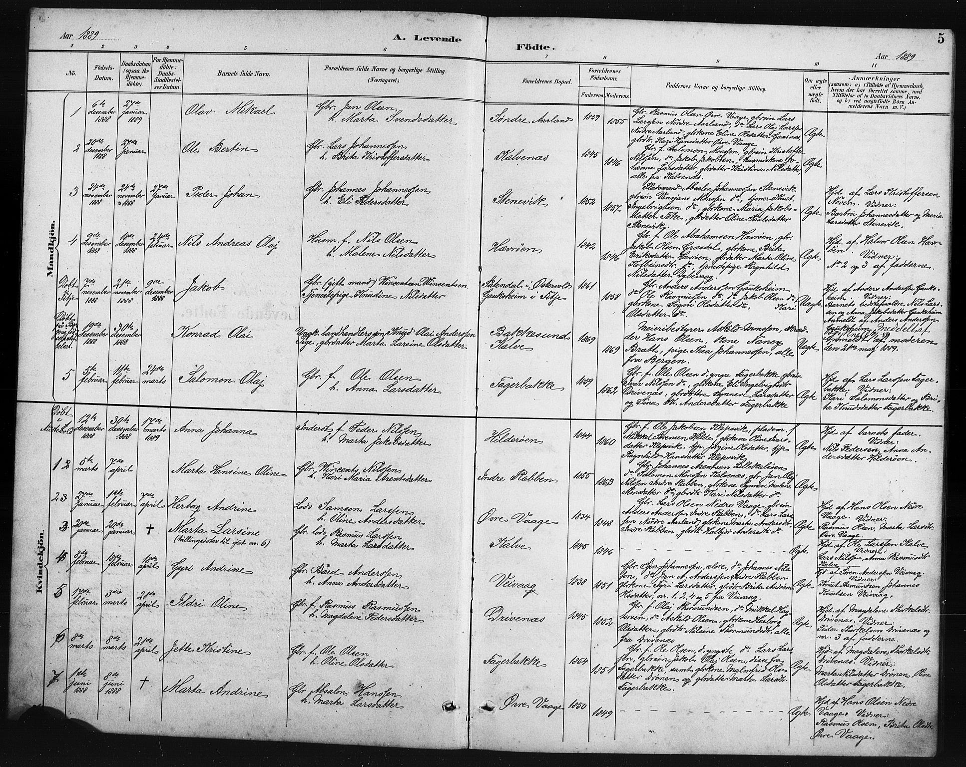 Austevoll Sokneprestembete, SAB/A-74201/H/Hab: Parish register (copy) no. B 4, 1889-1901, p. 5