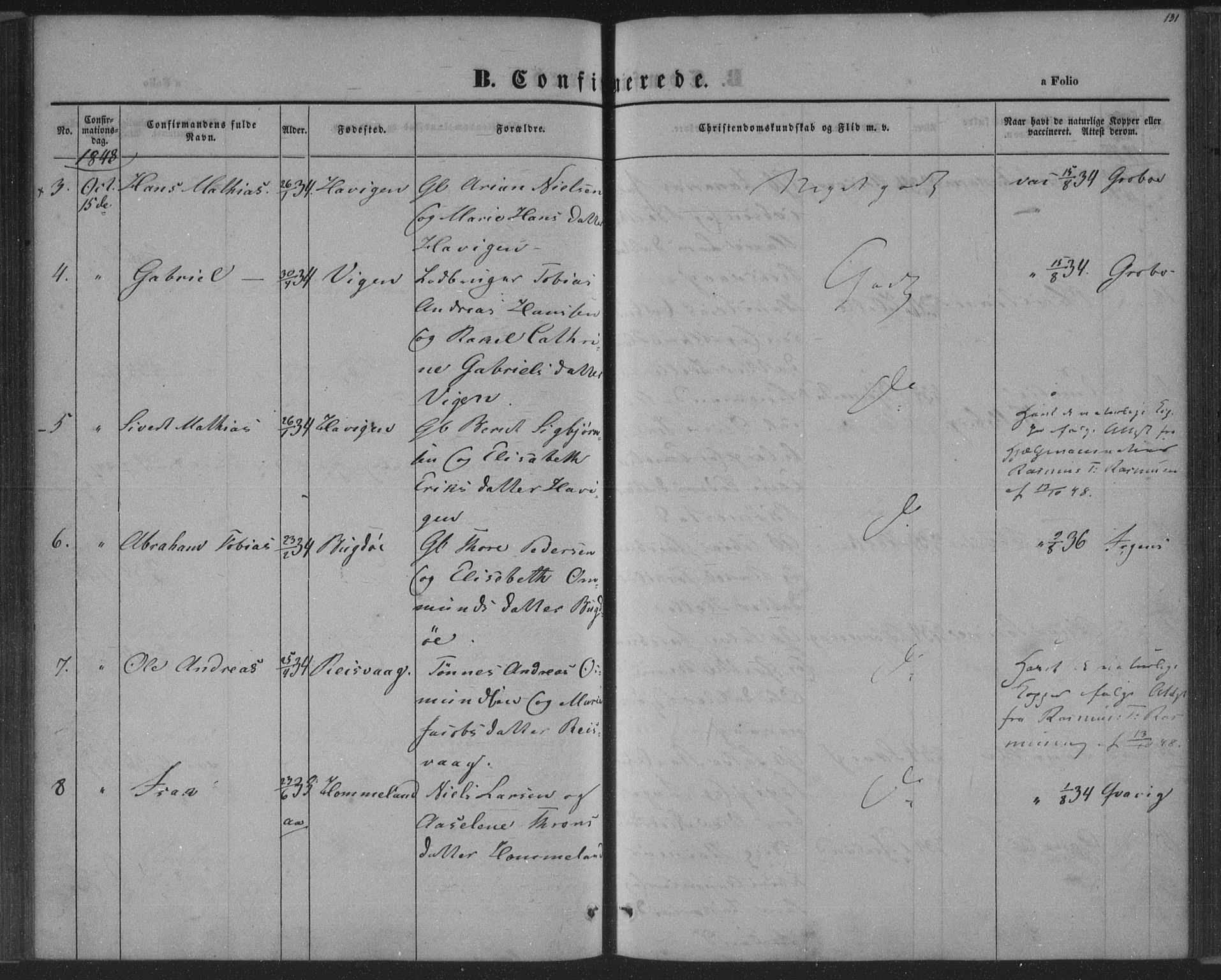 Herad sokneprestkontor, SAK/1111-0018/F/Fa/Fab/L0003: Parish register (official) no. A 3, 1844-1853, p. 131