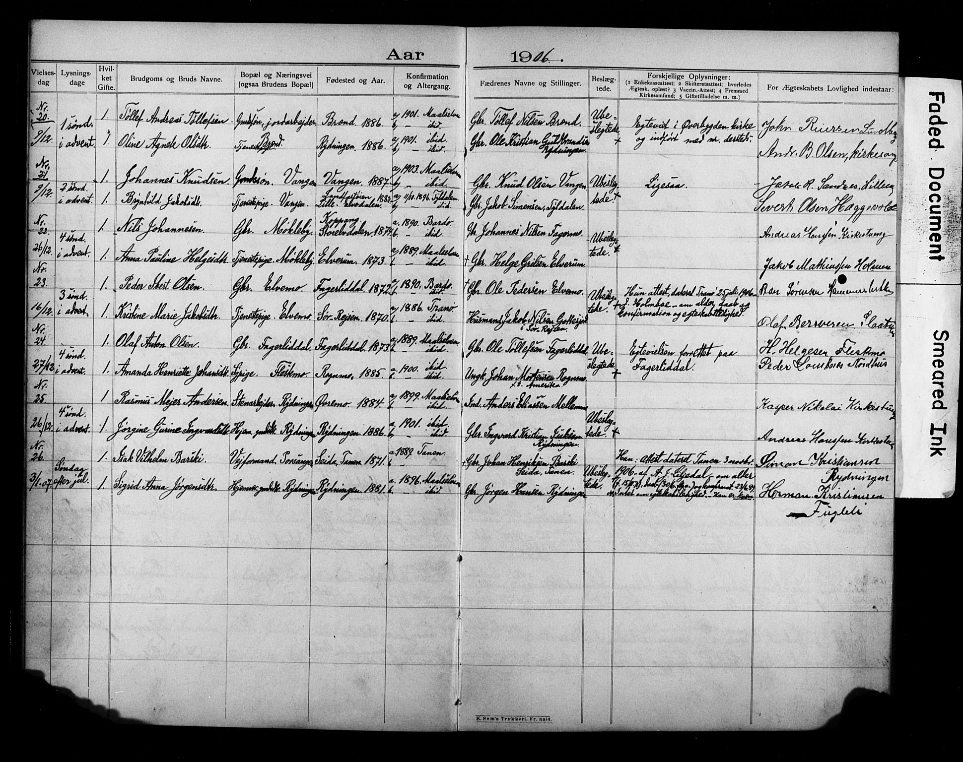 Målselv sokneprestembete, AV/SATØ-S-1311/I/Id/L0040: Banns register no. 40, 1906-1918