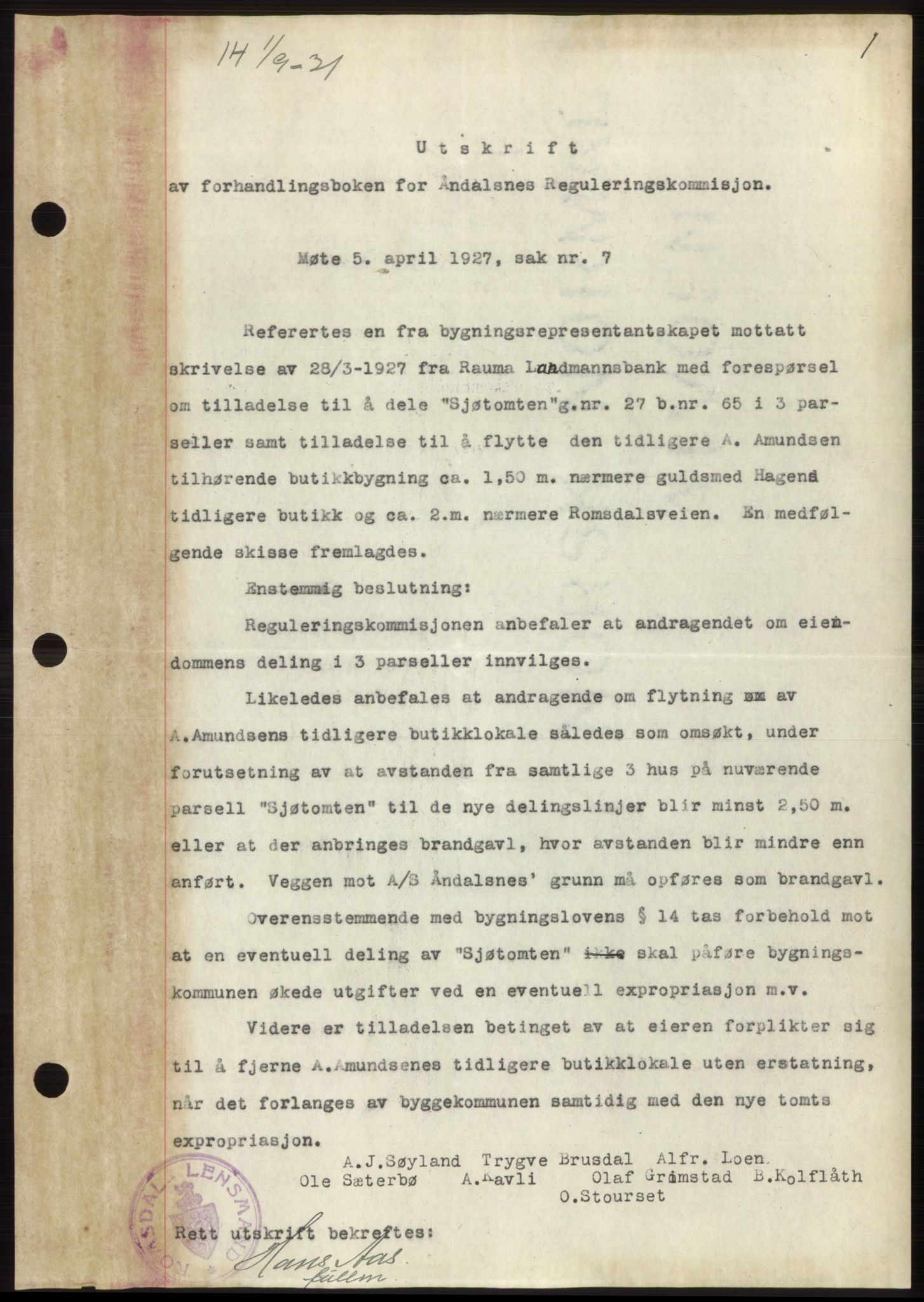 Romsdal sorenskriveri, AV/SAT-A-4149/1/2/2C/L0060: Mortgage book no. 54, 1931-1932, Deed date: 01.09.1931