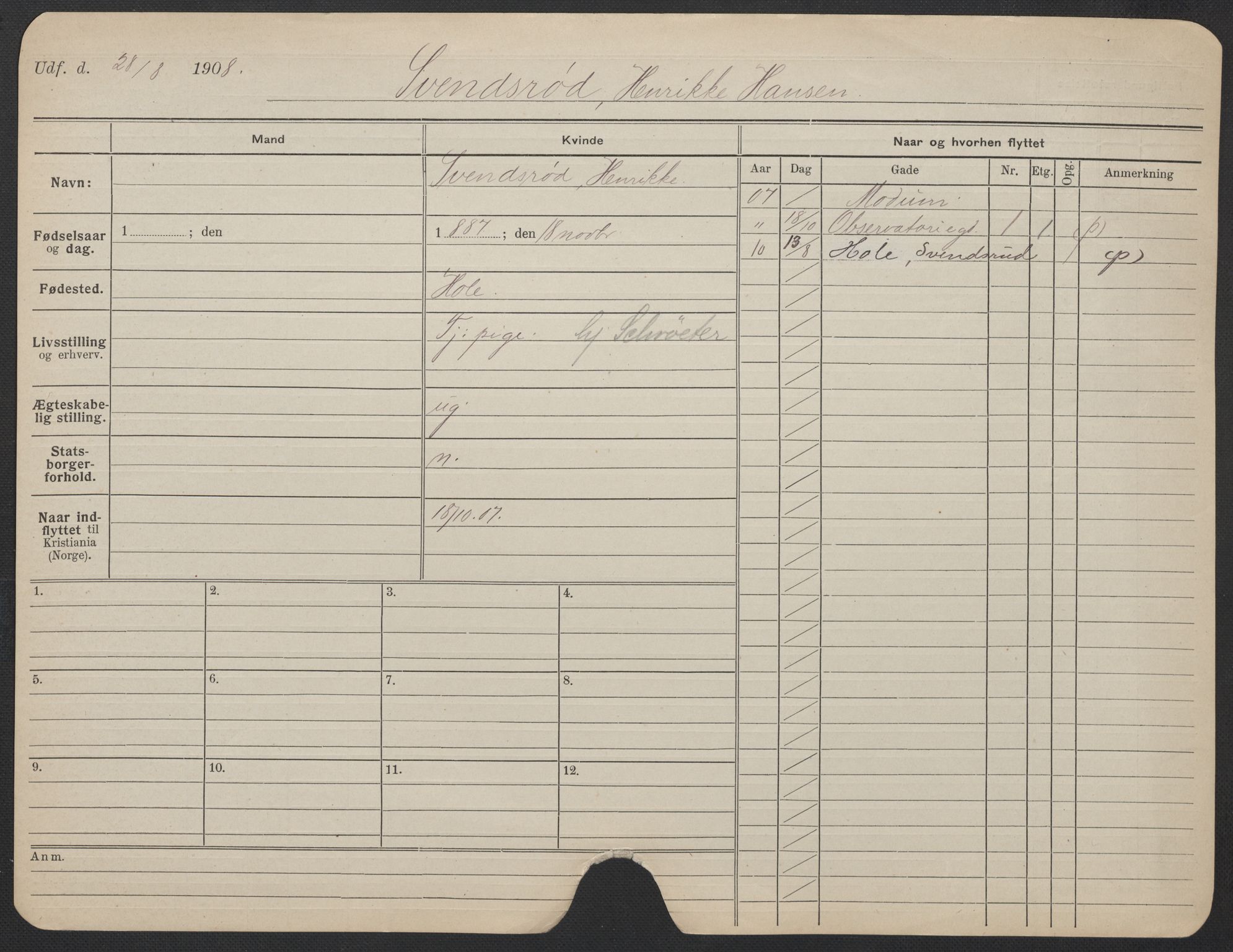 Oslo folkeregister, Registerkort, AV/SAO-A-11715/F/Fa/Fac/L0024: Kvinner, 1906-1914, p. 698a