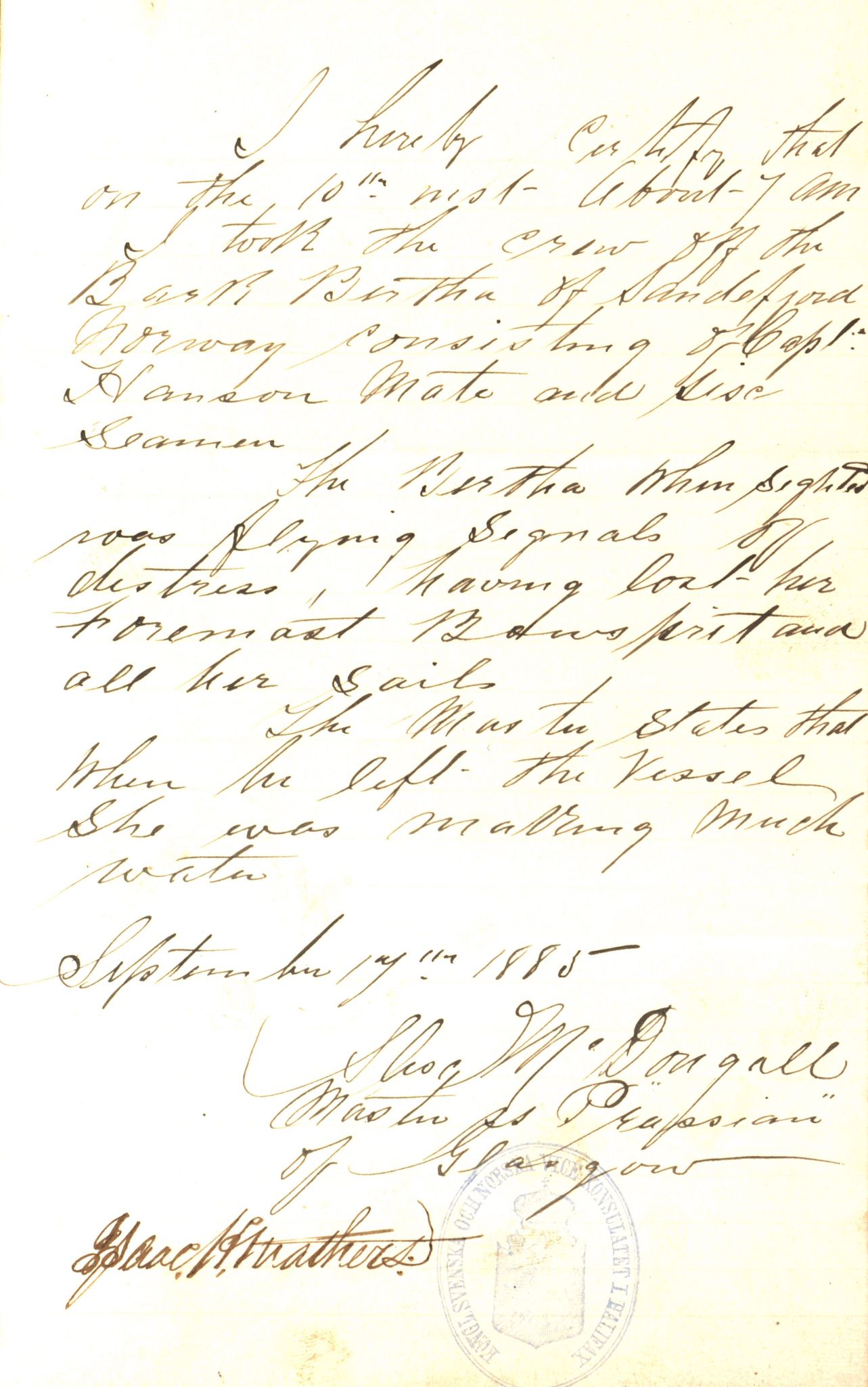 Pa 63 - Østlandske skibsassuranceforening, VEMU/A-1079/G/Ga/L0018/0011: Havaridokumenter / Bertha, Bonita, Immanuel, Th. Thoresen, India, 1885, p. 22