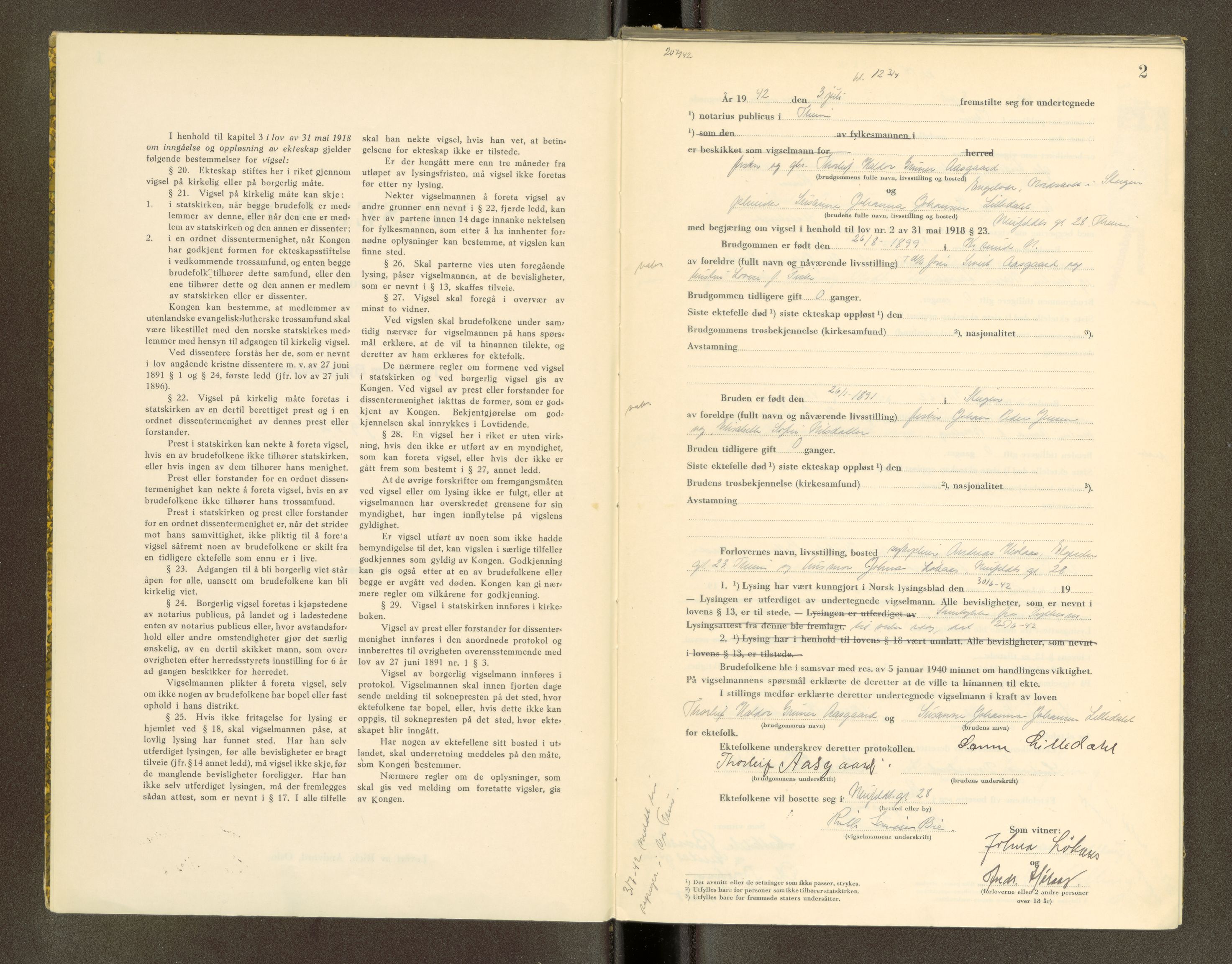 Trondheim byfogd, AV/SAT-A-0003/1/6/6D/L0002: Vigselbøker, 1937-1942, p. 2