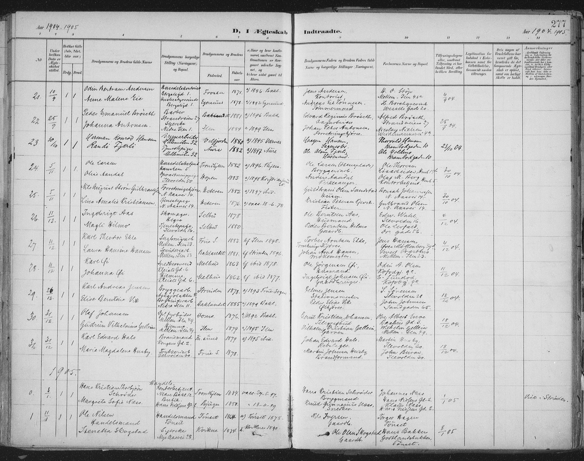 Ministerialprotokoller, klokkerbøker og fødselsregistre - Sør-Trøndelag, SAT/A-1456/603/L0167: Parish register (official) no. 603A06, 1896-1932, p. 277
