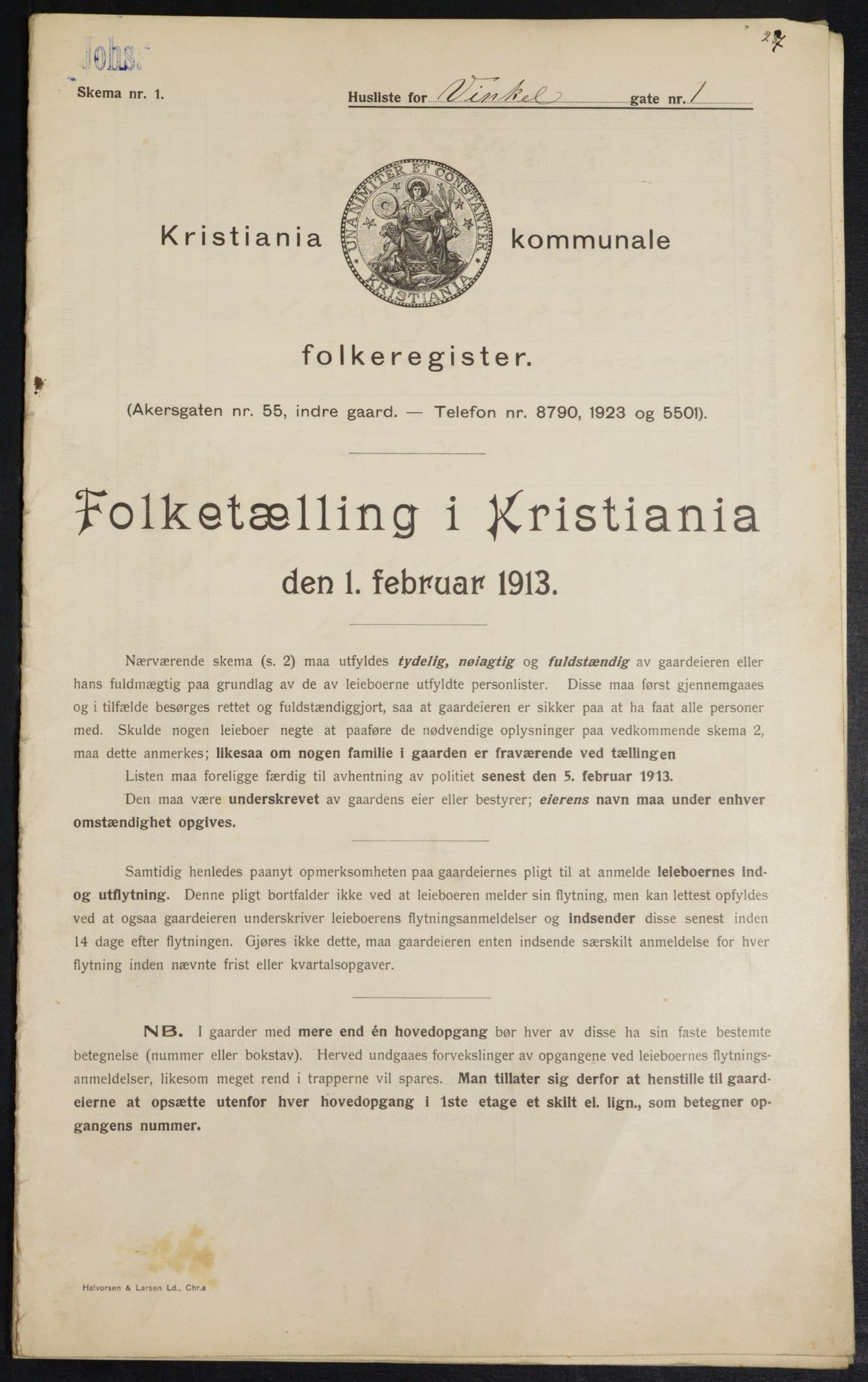 OBA, Municipal Census 1913 for Kristiania, 1913, p. 123611