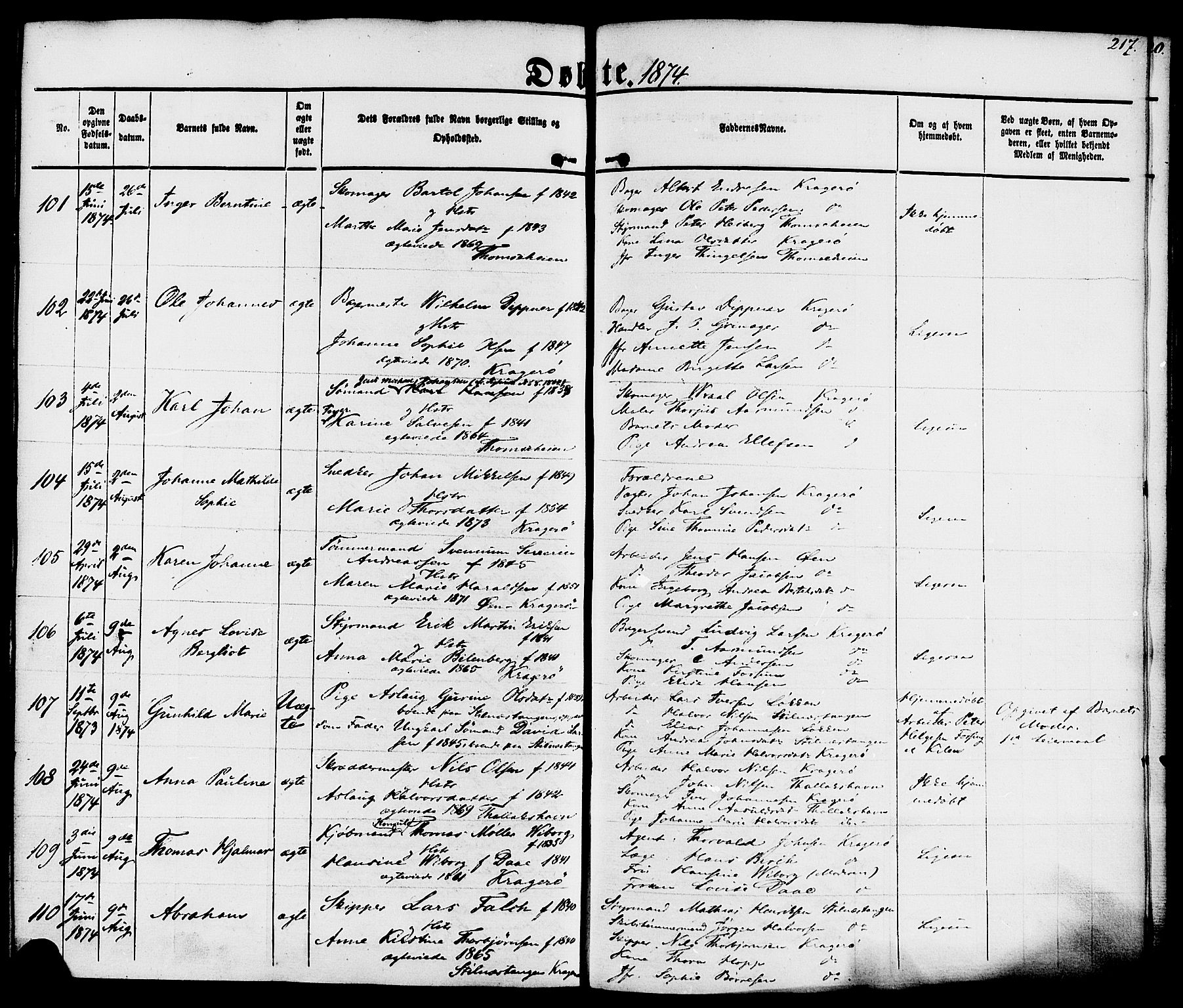 Kragerø kirkebøker, AV/SAKO-A-278/F/Fa/L0007: Parish register (official) no. 7, 1861-1875, p. 217