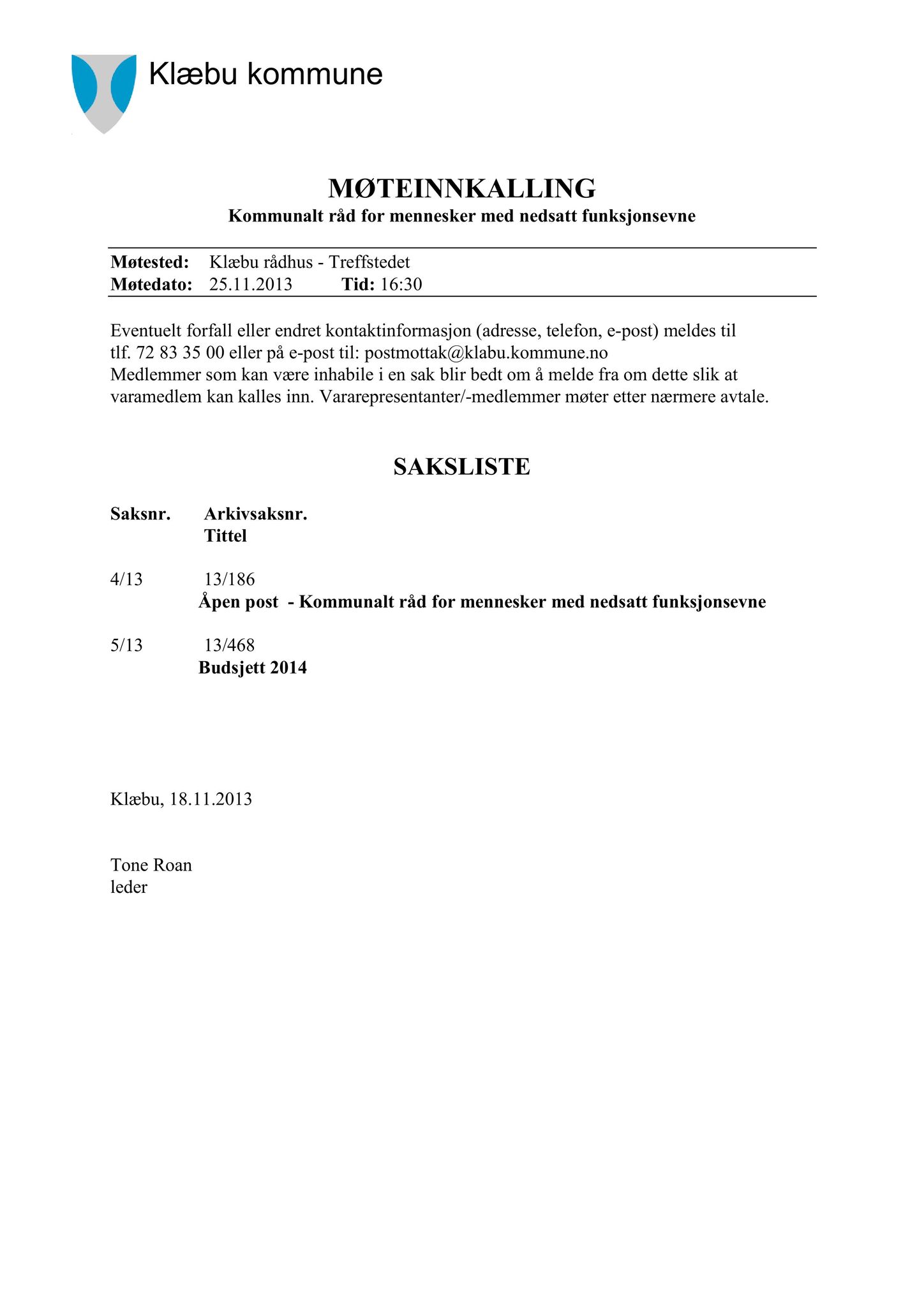 Klæbu Kommune, TRKO/KK/08-KMNF/L003: Kommunalt råd for mennesker med nedsatt funksjonsevne - Møteoversikt, 2013, p. 21