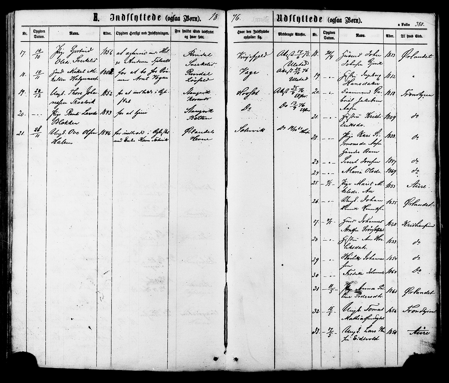 Ministerialprotokoller, klokkerbøker og fødselsregistre - Sør-Trøndelag, AV/SAT-A-1456/630/L0495: Parish register (official) no. 630A08, 1868-1878, p. 380