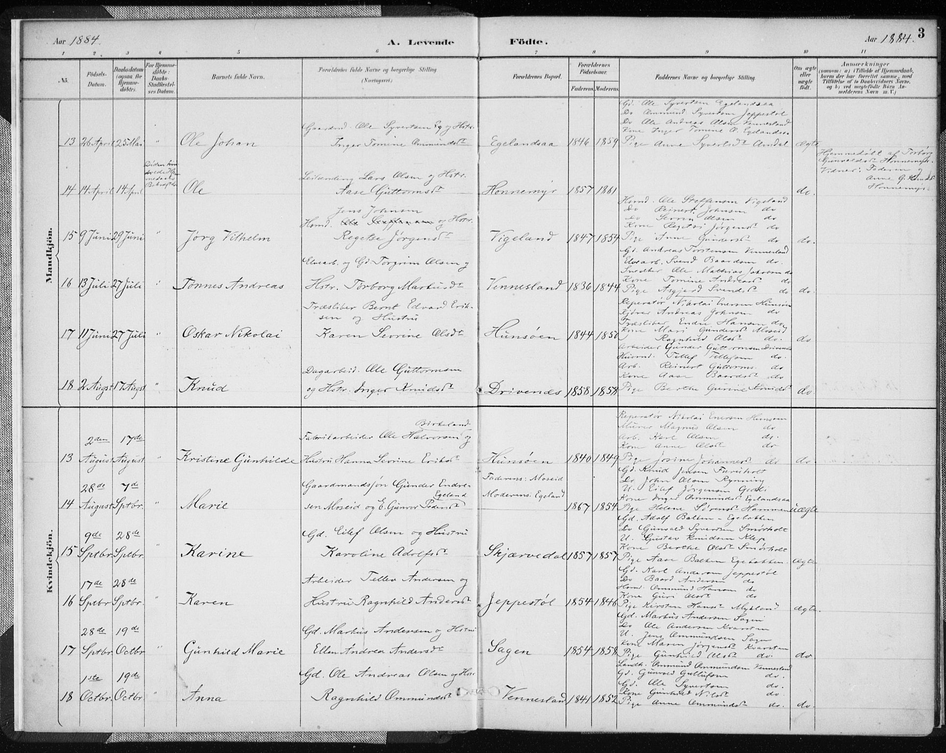 Vennesla sokneprestkontor, AV/SAK-1111-0045/Fa/Fab/L0004: Parish register (official) no. A 4, 1884-1896, p. 3