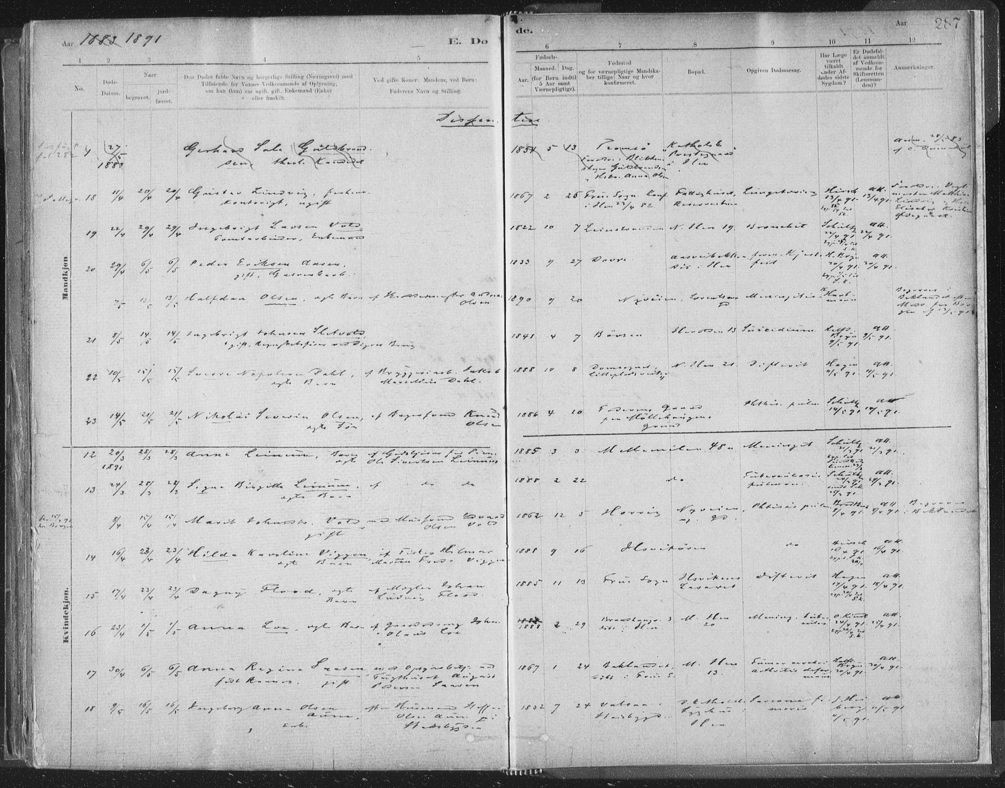 Ministerialprotokoller, klokkerbøker og fødselsregistre - Sør-Trøndelag, AV/SAT-A-1456/603/L0162: Parish register (official) no. 603A01, 1879-1895, p. 287