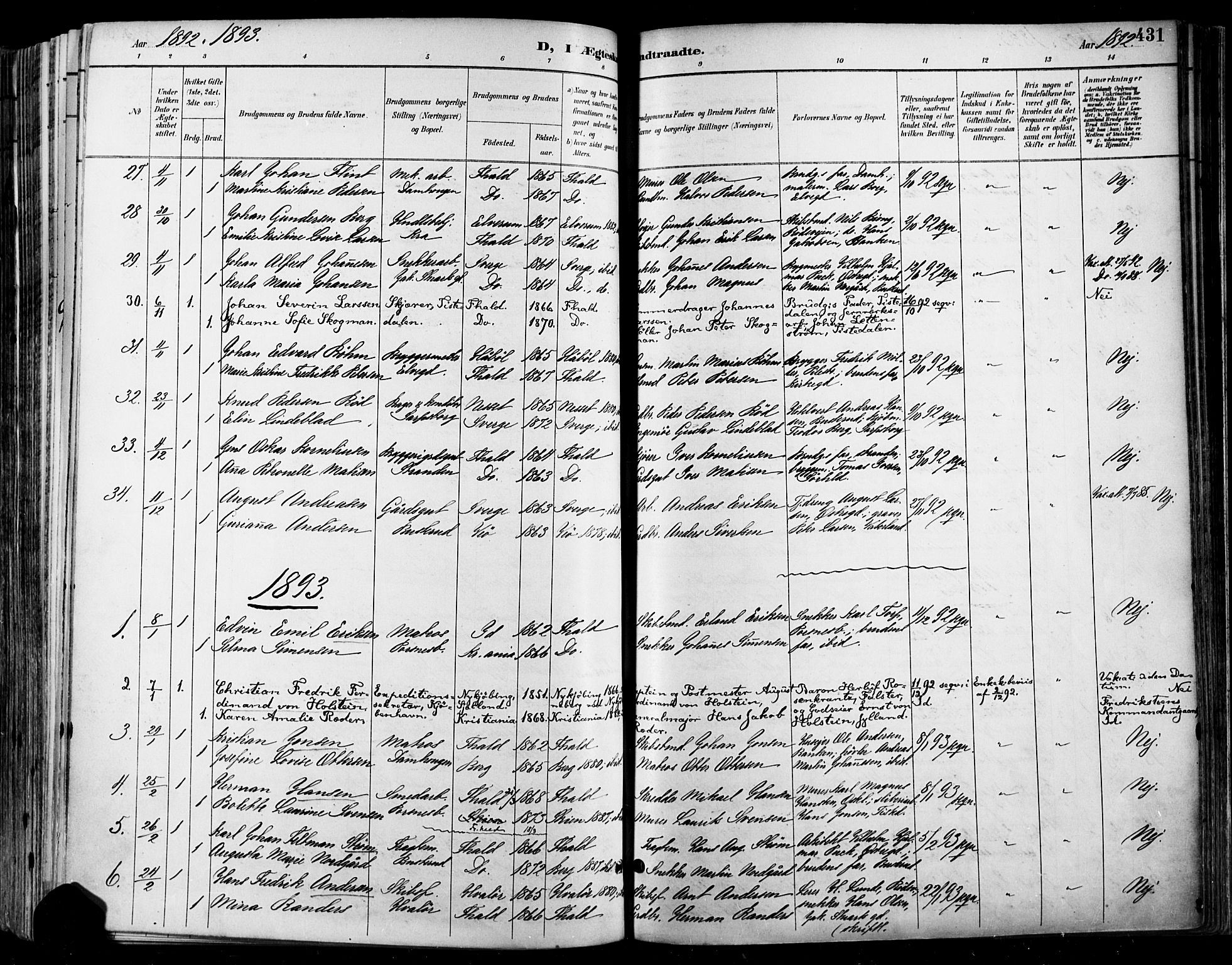 Halden prestekontor Kirkebøker, SAO/A-10909/F/Fa/L0013: Parish register (official) no. I 13, 1890-1906, p. 431