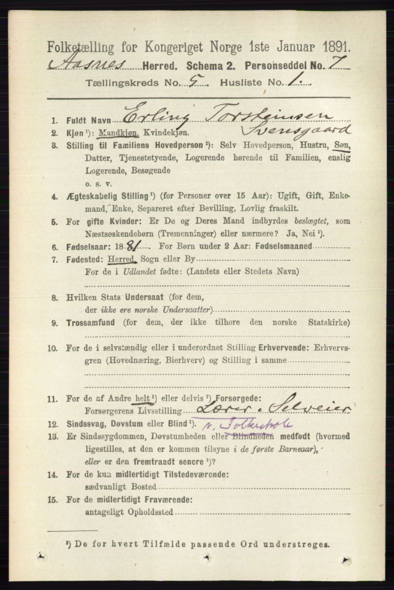 RA, 1891 census for 0425 Åsnes, 1891, p. 2436