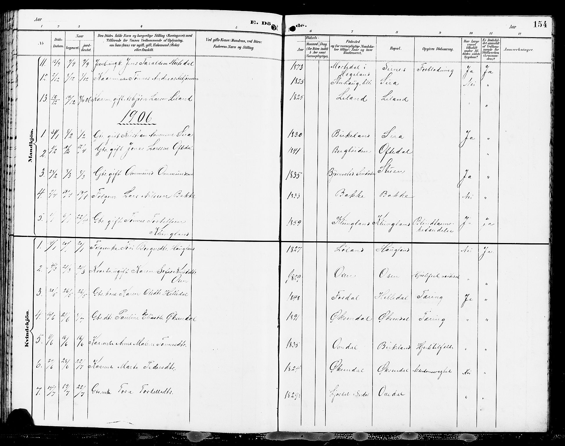 Bakke sokneprestkontor, SAK/1111-0002/F/Fb/Fba/L0003: Parish register (copy) no. B 3, 1894-1910, p. 154
