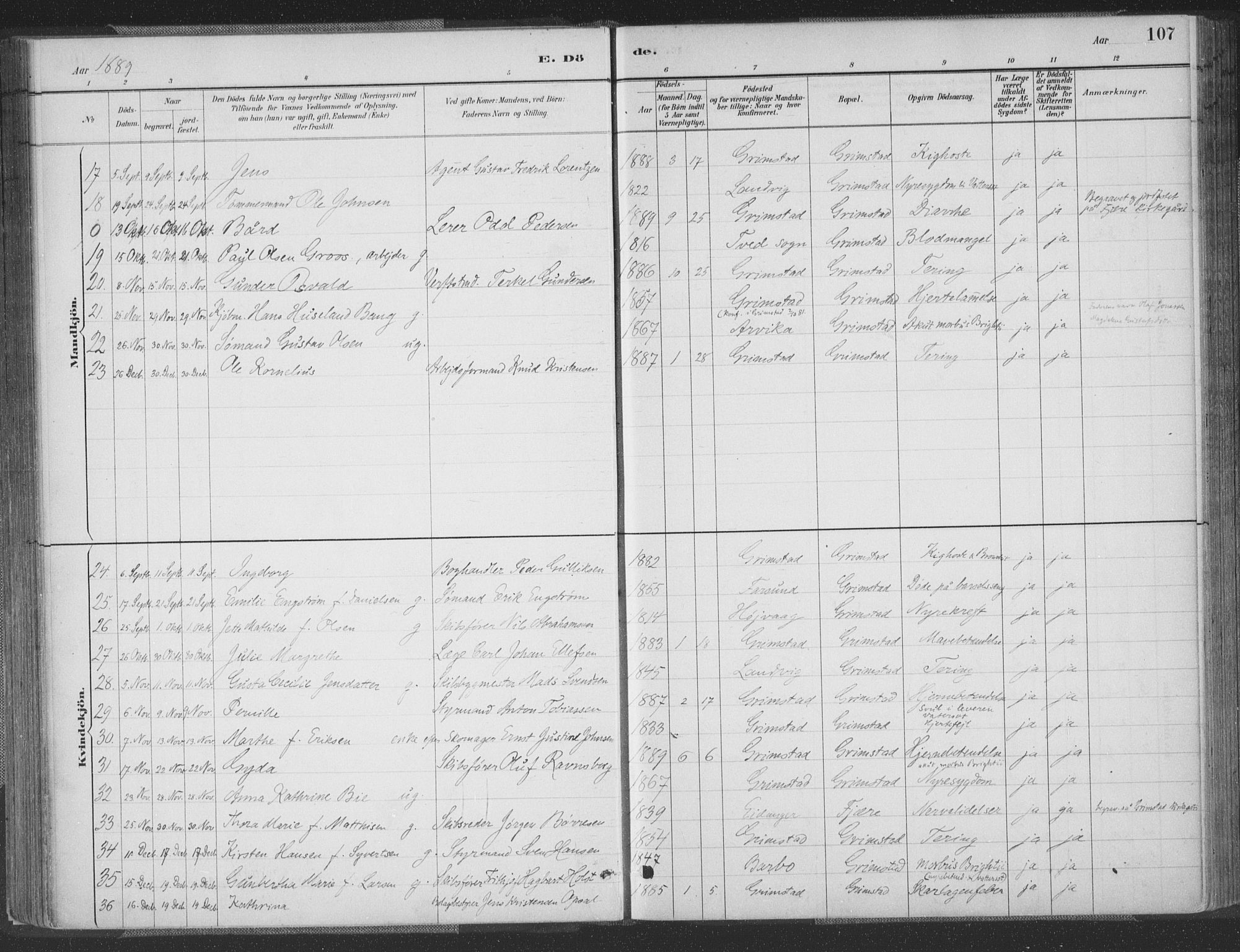 Grimstad sokneprestkontor, AV/SAK-1111-0017/F/Fa/L0004: Parish register (official) no. A 3, 1882-1910, p. 107