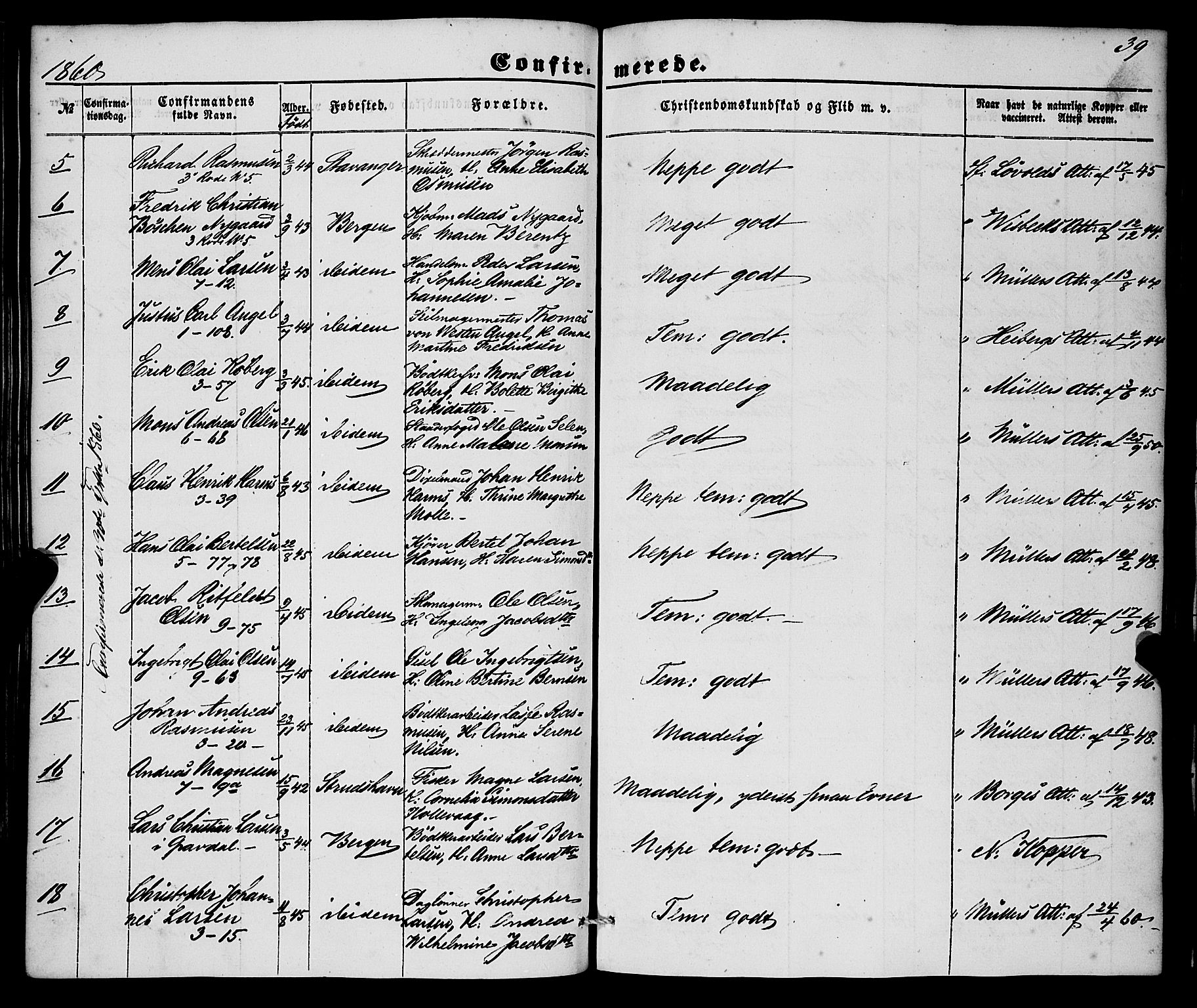 Nykirken Sokneprestembete, SAB/A-77101/H/Haa/L0023: Parish register (official) no. C 2, 1851-1863, p. 39