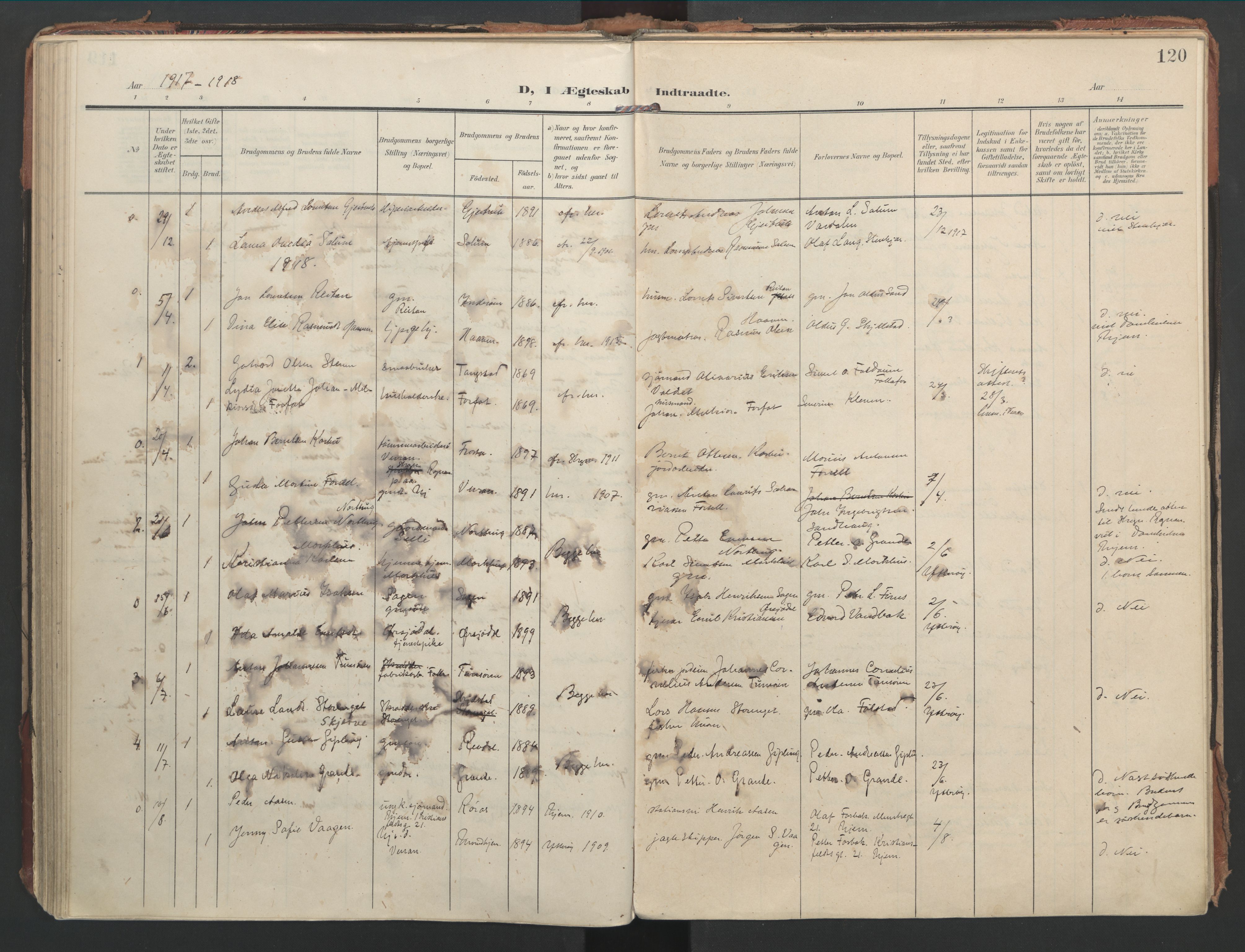 Ministerialprotokoller, klokkerbøker og fødselsregistre - Nord-Trøndelag, AV/SAT-A-1458/744/L0421: Parish register (official) no. 744A05, 1905-1930, p. 120