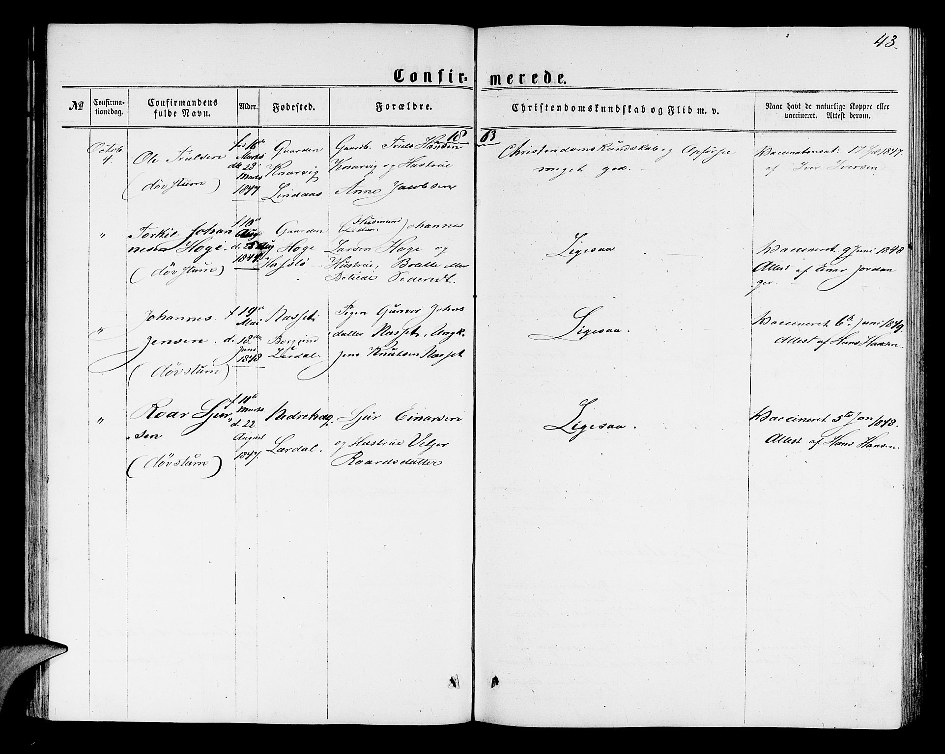 Mariakirken Sokneprestembete, AV/SAB-A-76901/H/Hab/L0003: Parish register (copy) no. A 3, 1862-1877, p. 43