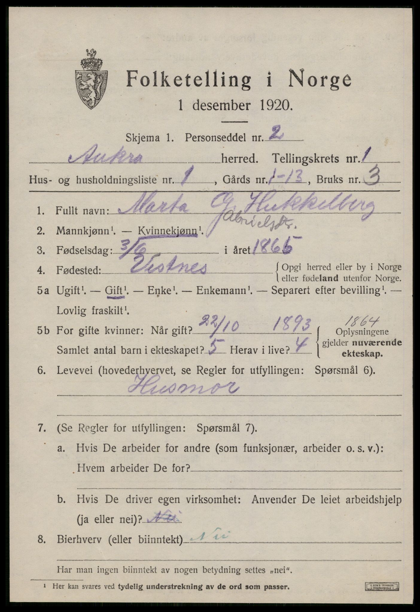 SAT, 1920 census for Aukra, 1920, p. 1007