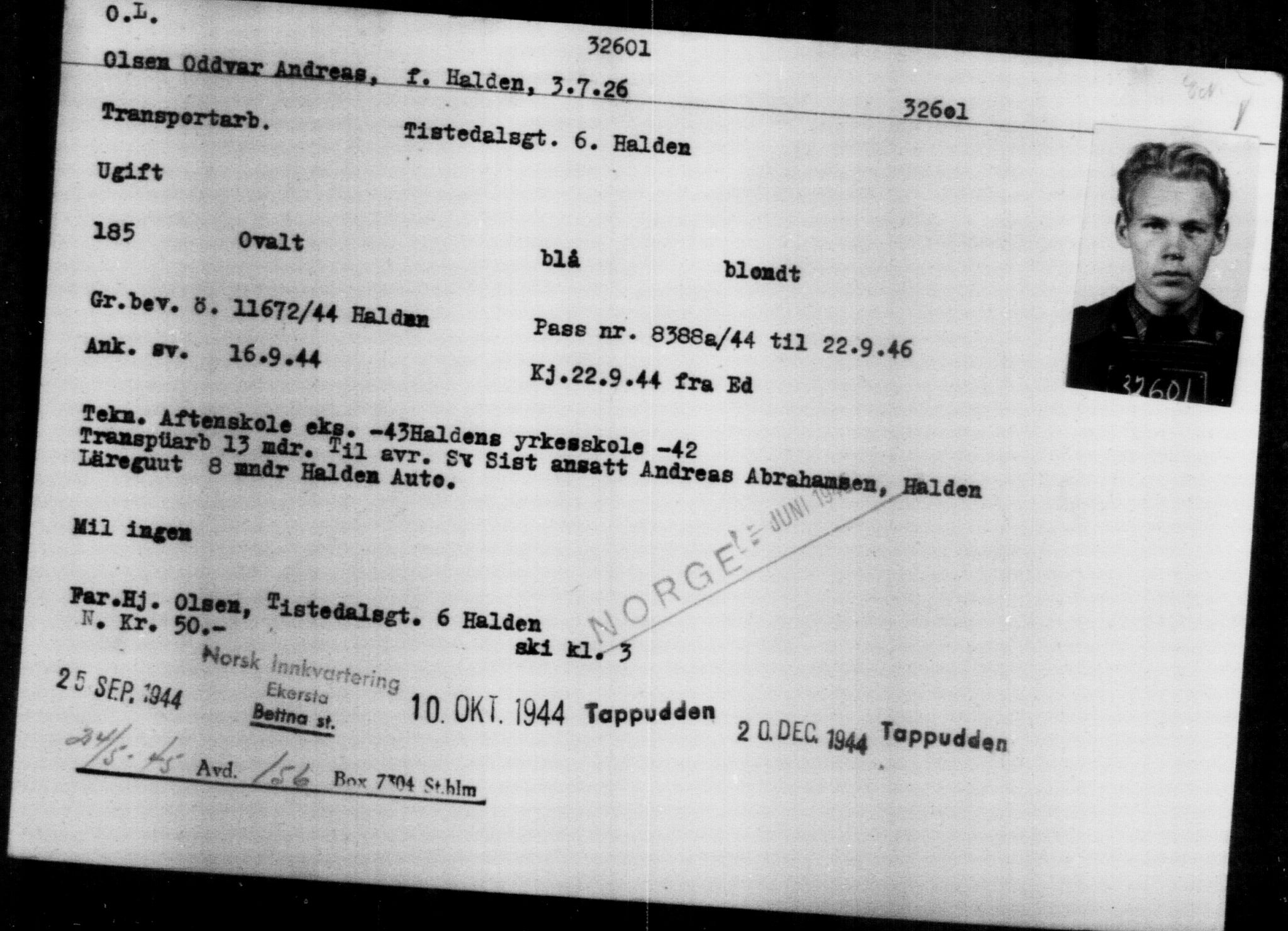 Utenriksstasjonene, Legasjonen i Stockholm, Flyktningkontoret, AV/RA-S-6753/V/Va/L0013: Kjesäterkartoteket, flyktninger med registreringsnr. 31500-34731, 1940-1945, p. 1161