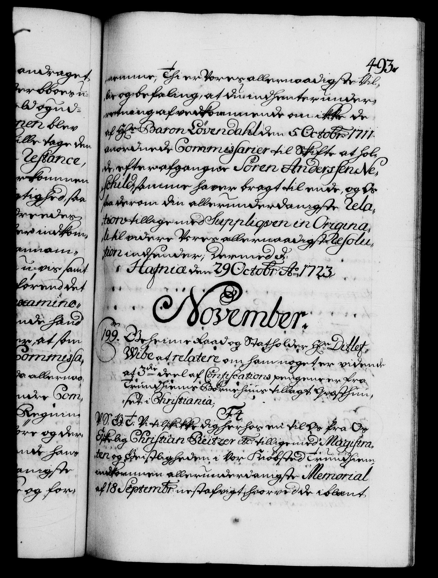 Danske Kanselli 1572-1799, AV/RA-EA-3023/F/Fc/Fca/Fcab/L0022: Norske tegnelser, 1722-1724, p. 493a