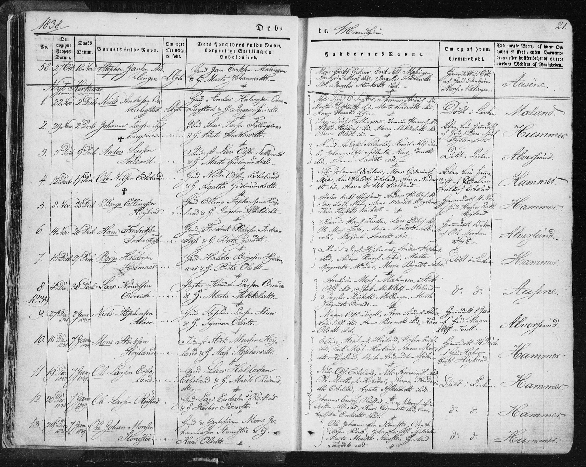 Hamre sokneprestembete, AV/SAB-A-75501/H/Ha/Haa/Haaa/L0012: Parish register (official) no. A 12, 1834-1845, p. 21
