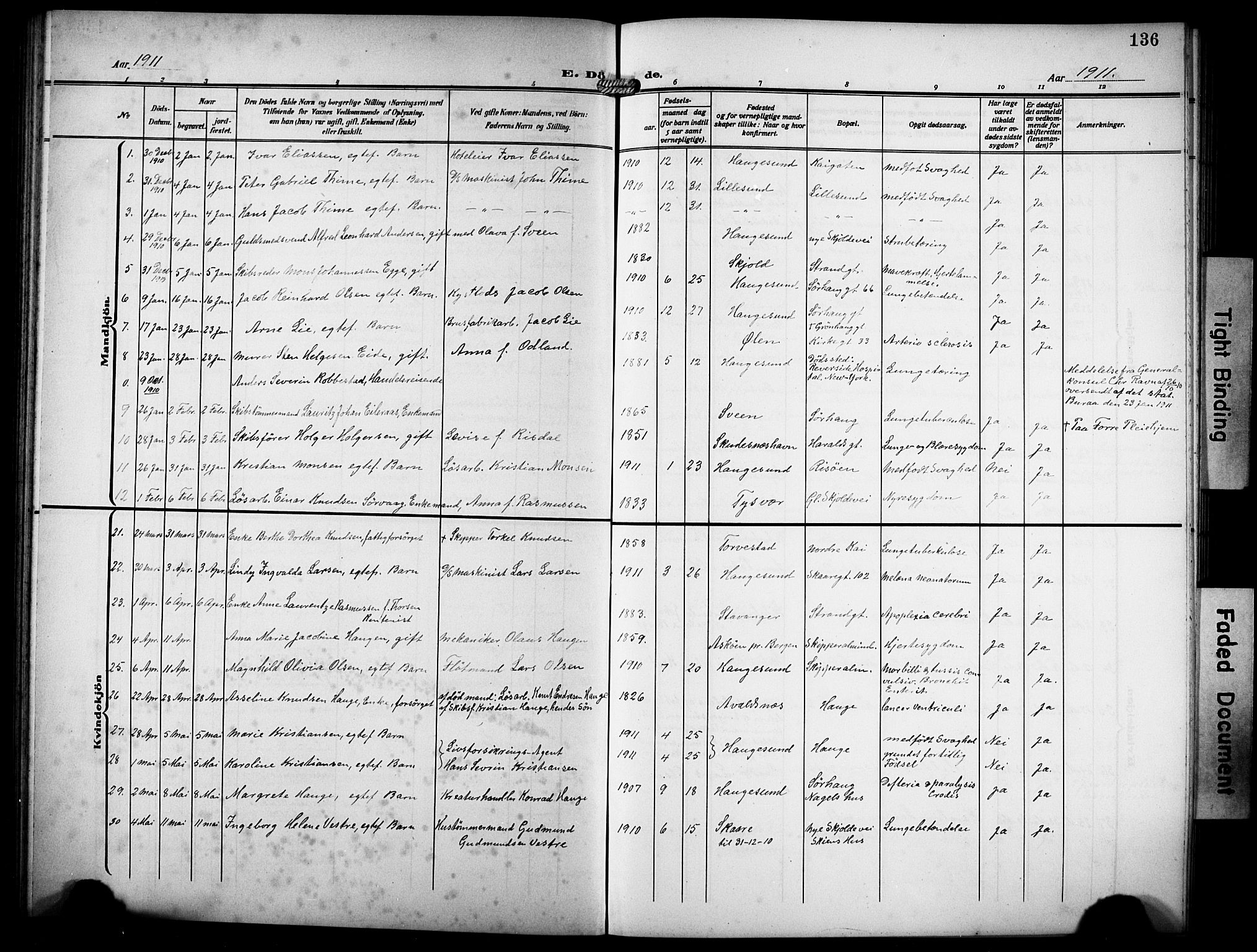 Haugesund sokneprestkontor, AV/SAST-A -101863/H/Ha/Hab/L0008: Parish register (copy) no. B 8, 1909-1921, p. 136