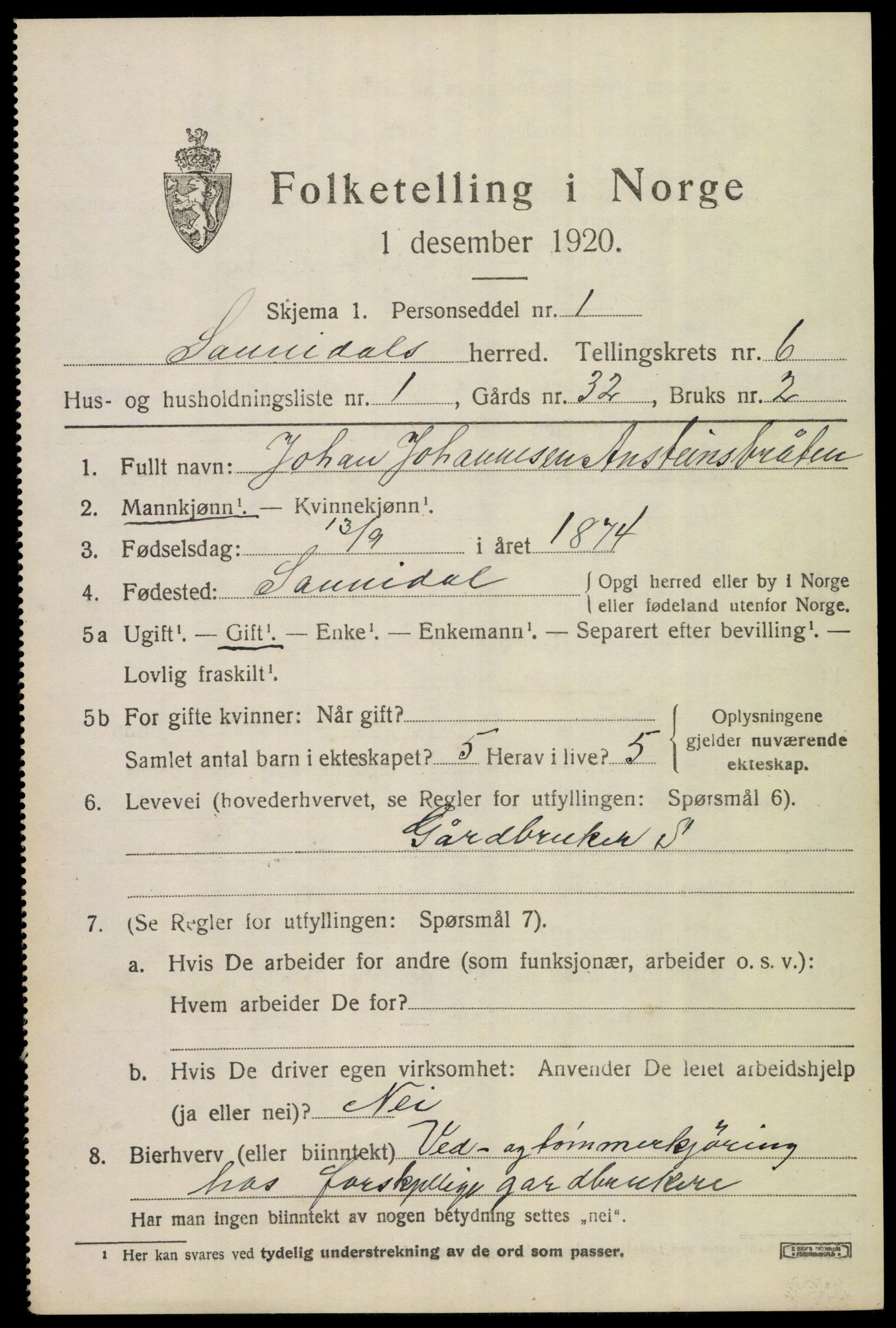 SAKO, 1920 census for Sannidal, 1920, p. 4675