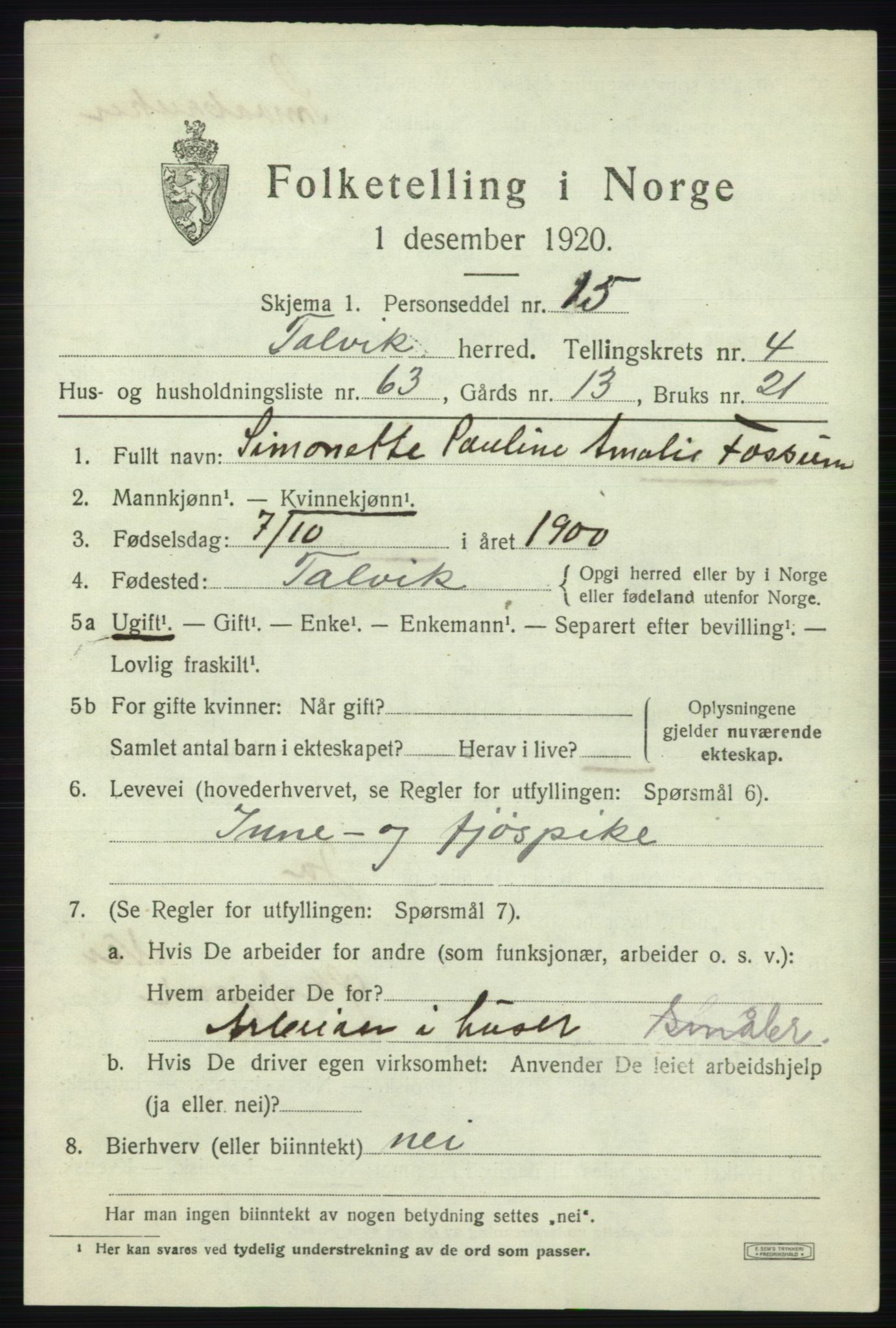 SATØ, 1920 census for Talvik, 1920, p. 3344