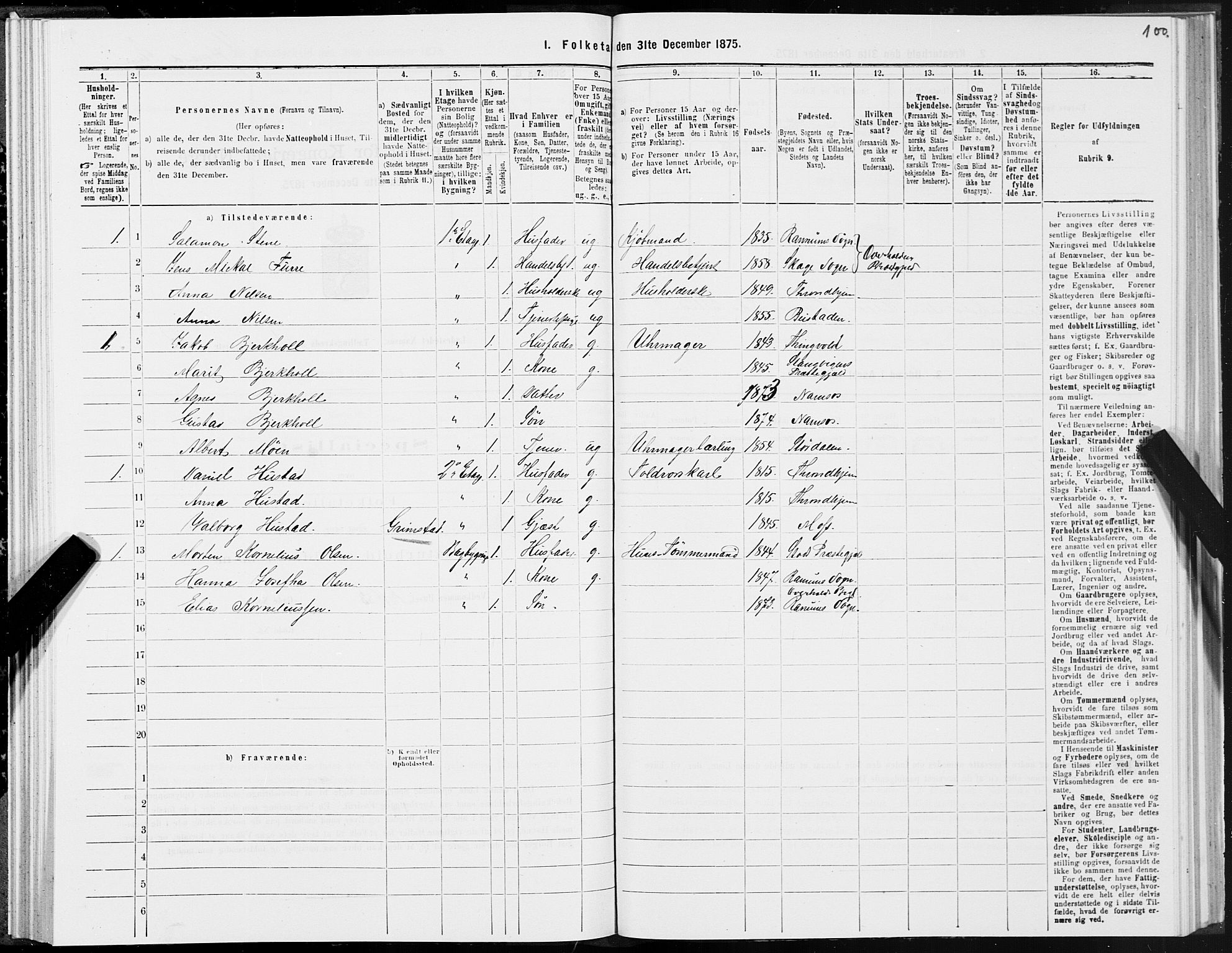 SAT, 1875 census for 1703B Namsos/Namsos, 1875, p. 100