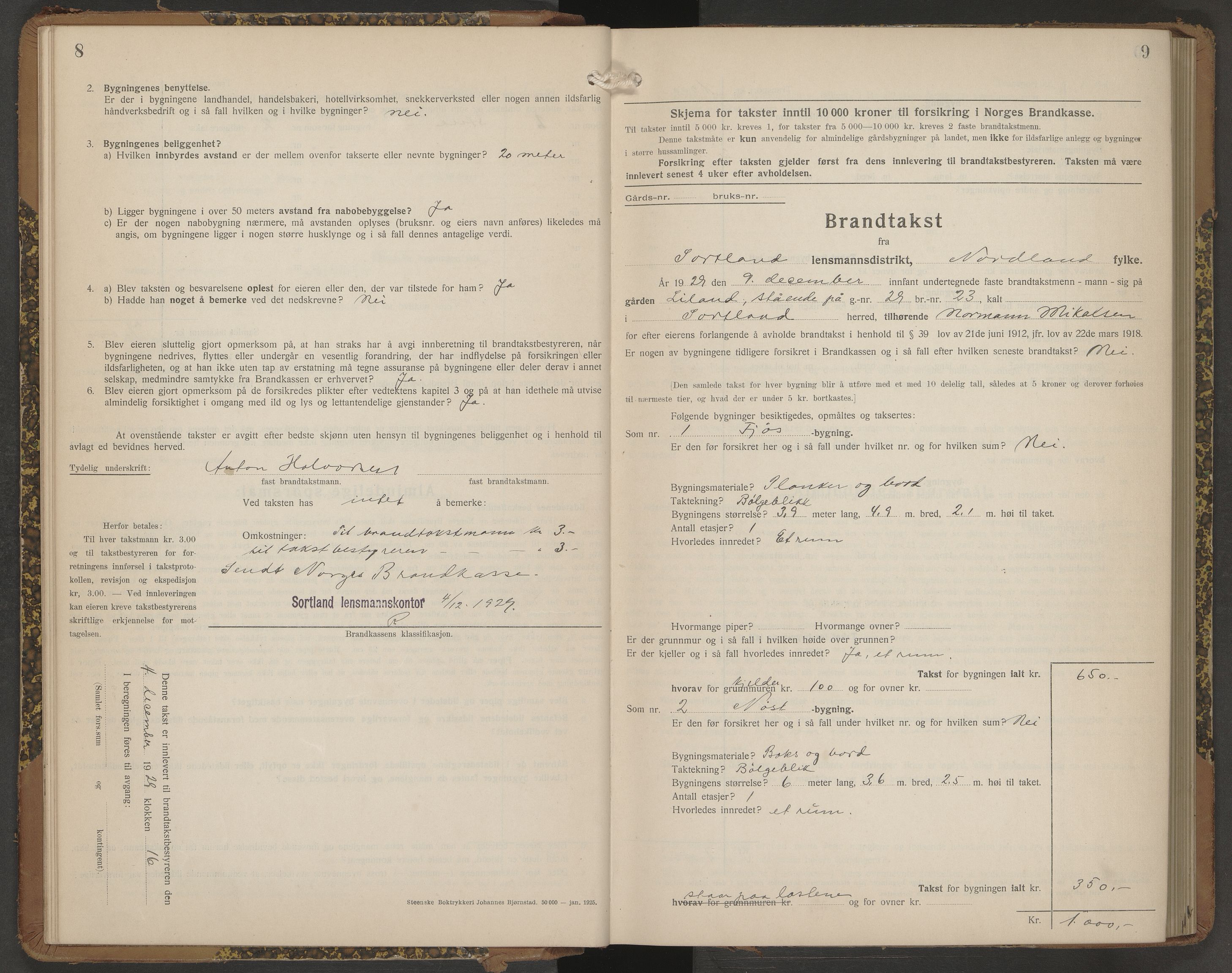 Sortland lensmannskontor, AV/SAT-A-6376/2/Oa/L0007: Branntakstprotokoll, 1929-1931