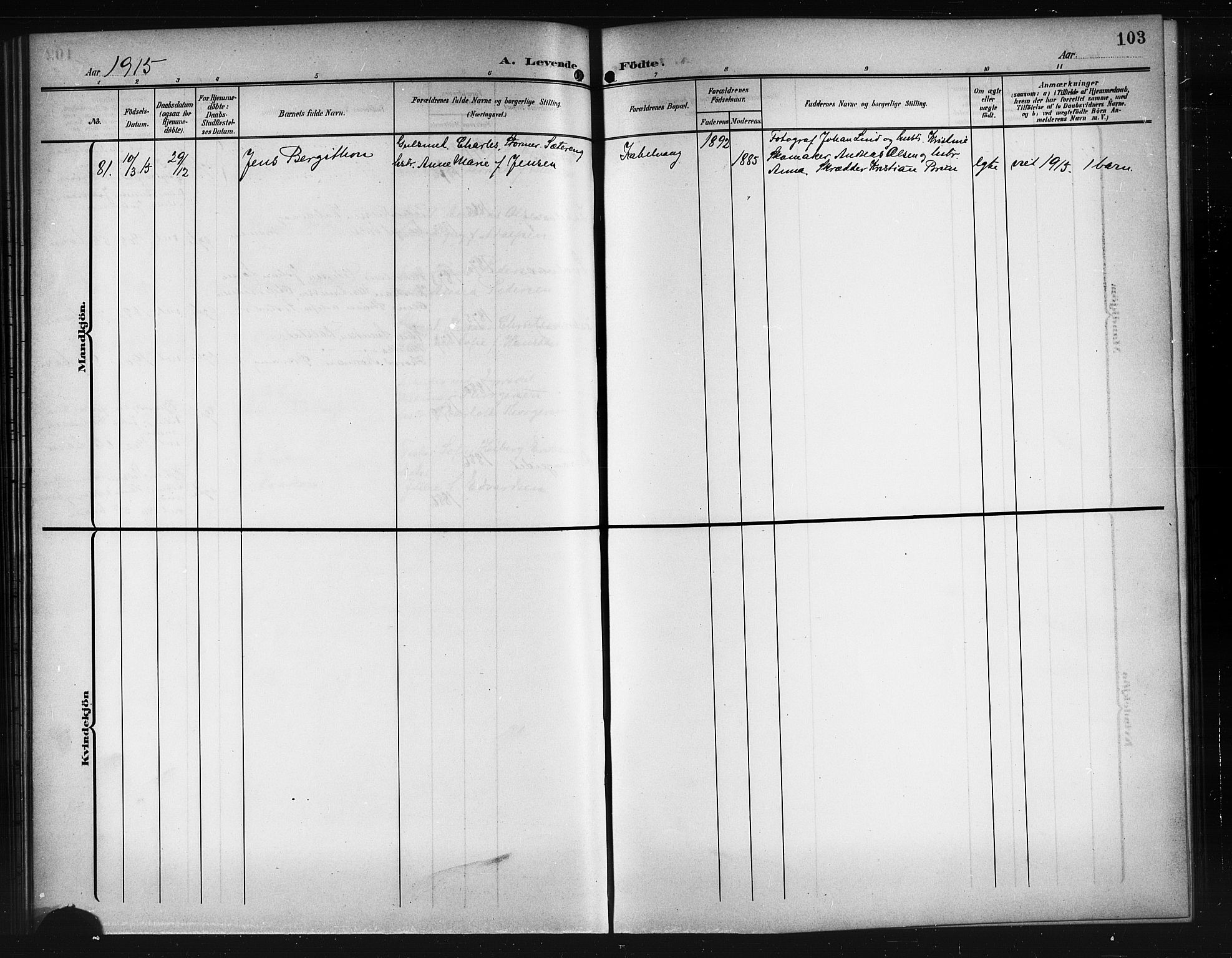 Ministerialprotokoller, klokkerbøker og fødselsregistre - Nordland, AV/SAT-A-1459/874/L1079: Parish register (copy) no. 874C08, 1907-1915, p. 103