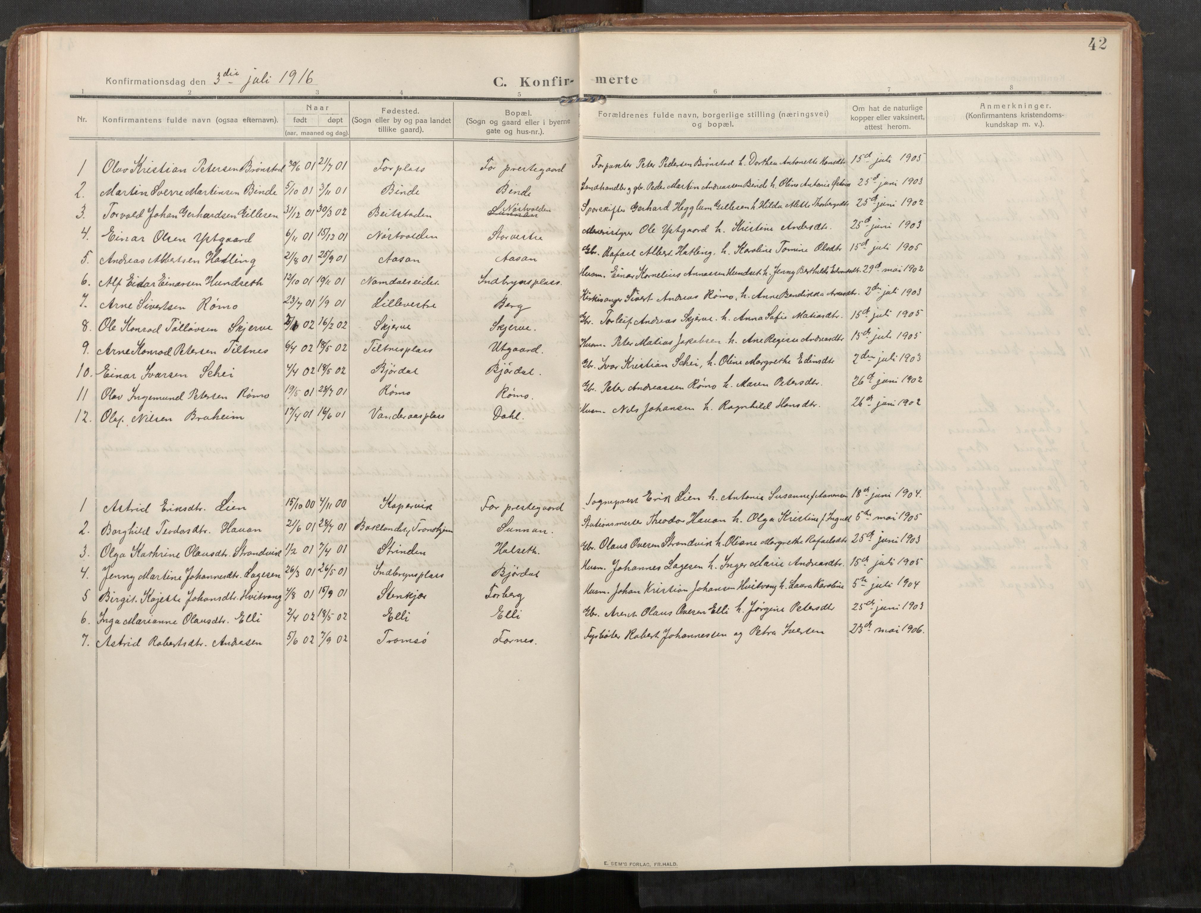 Stod sokneprestkontor, SAT/A-1164/1/I/I1/I1a/L0002: Parish register (official) no. 2, 1909-1922, p. 42