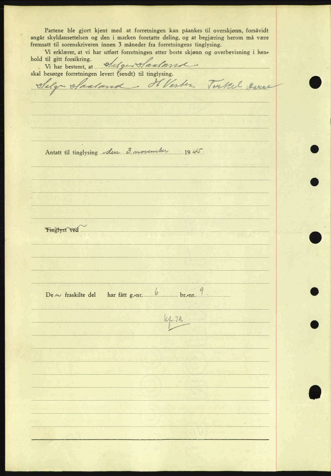 Sunnhordland sorenskrivar, AV/SAB-A-2401: Mortgage book no. A77, 1945-1945, Diary no: : 1252/1945