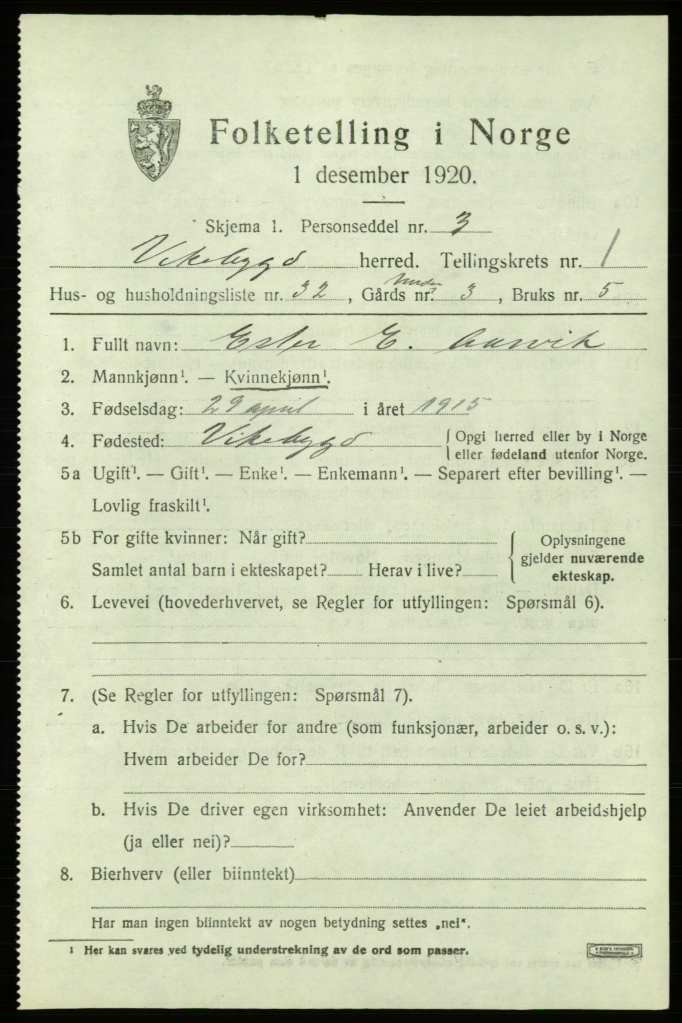 SAB, 1920 census for Vikebygd, 1920, p. 833