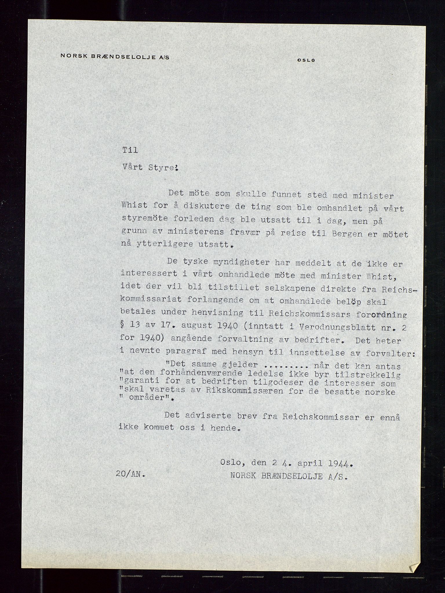 PA 1544 - Norsk Brændselolje A/S, AV/SAST-A-101965/1/A/Aa/L0003/0003: Generalforsamling  / Generalforsamling 1941, 1941, p. 20