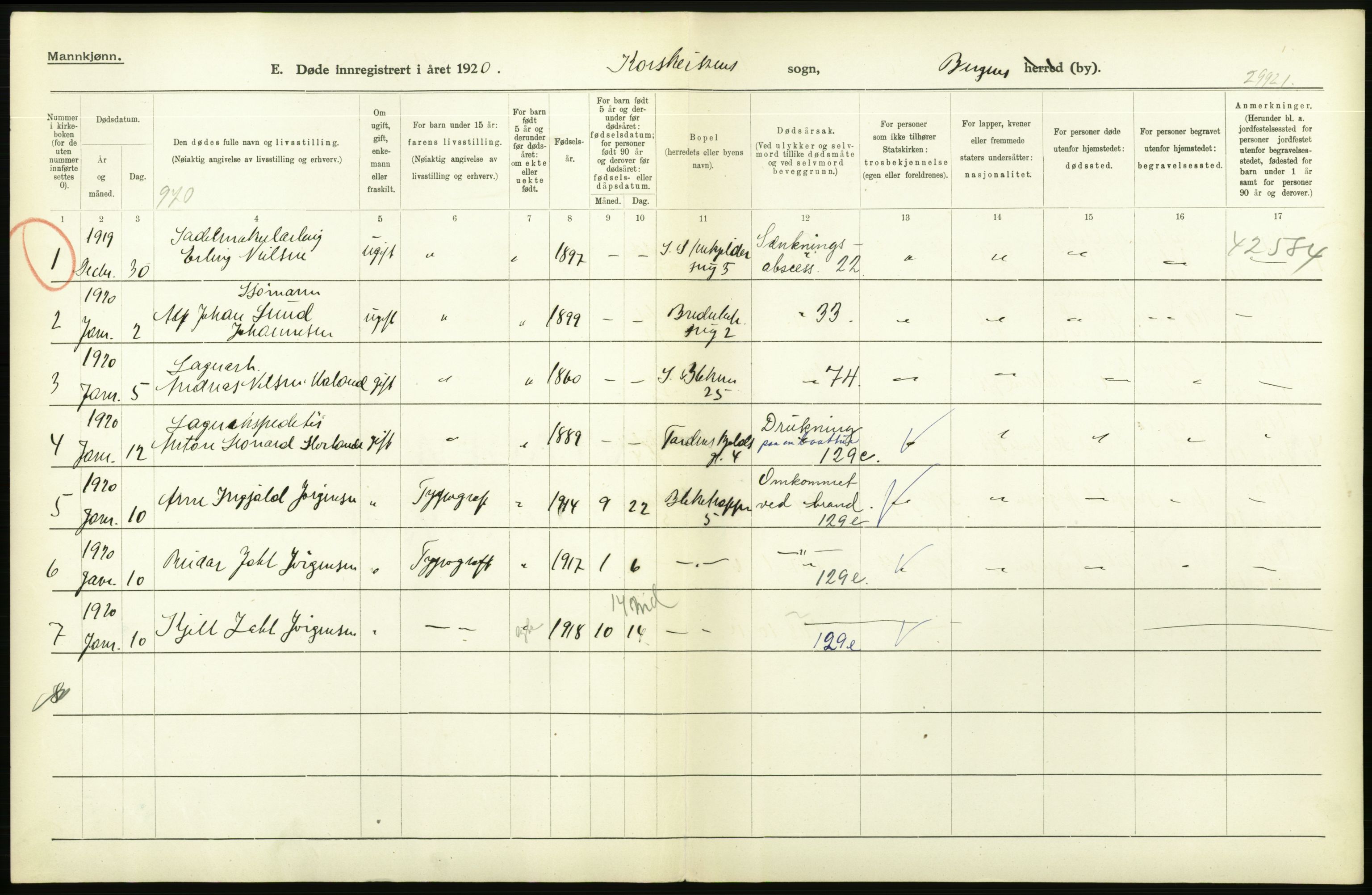 Statistisk sentralbyrå, Sosiodemografiske emner, Befolkning, AV/RA-S-2228/D/Df/Dfb/Dfbj/L0042: Bergen: Gifte, døde, dødfødte., 1920, p. 626