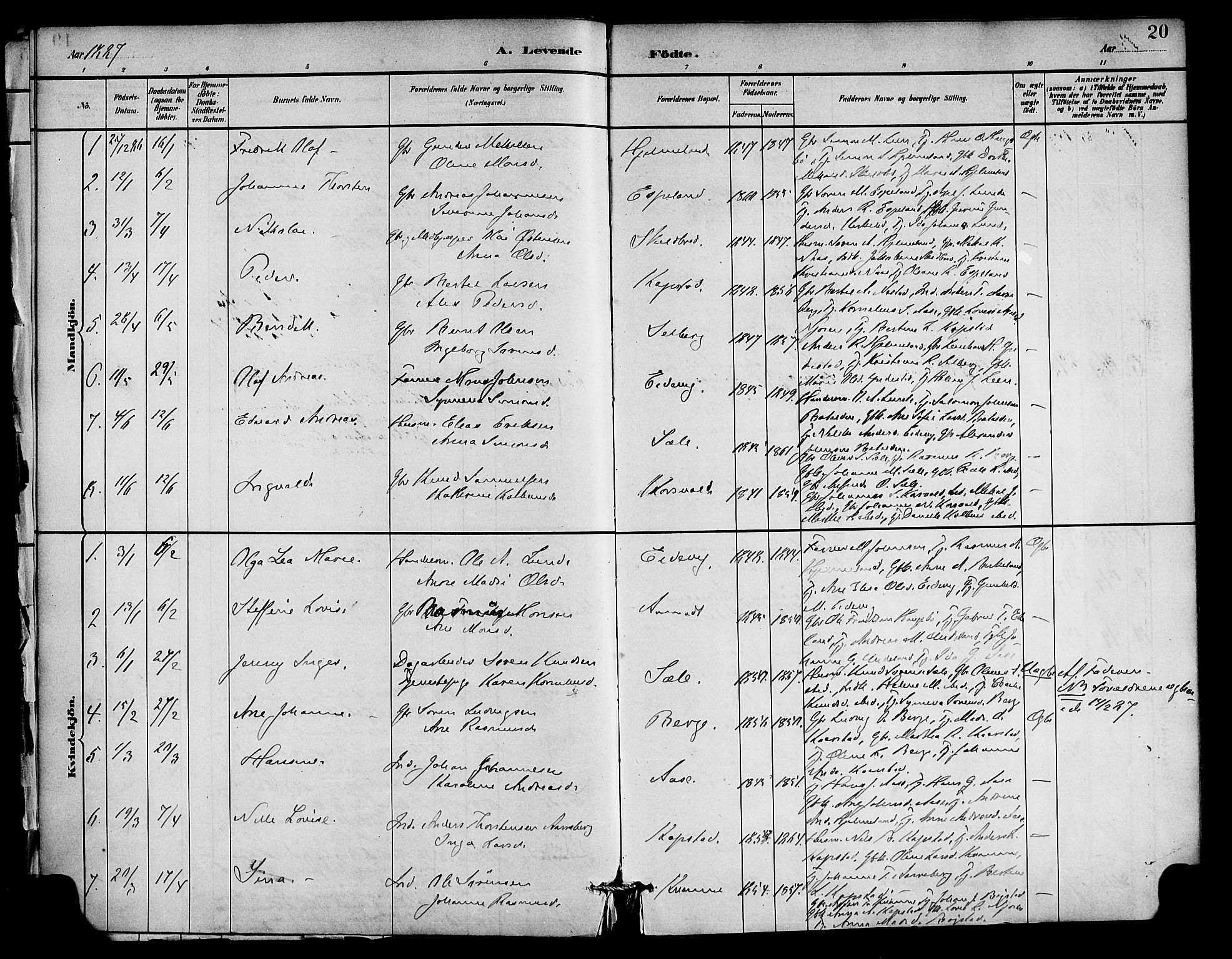 Gaular sokneprestembete, AV/SAB-A-80001/H/Haa: Parish register (official) no. C 1, 1882-1897, p. 20