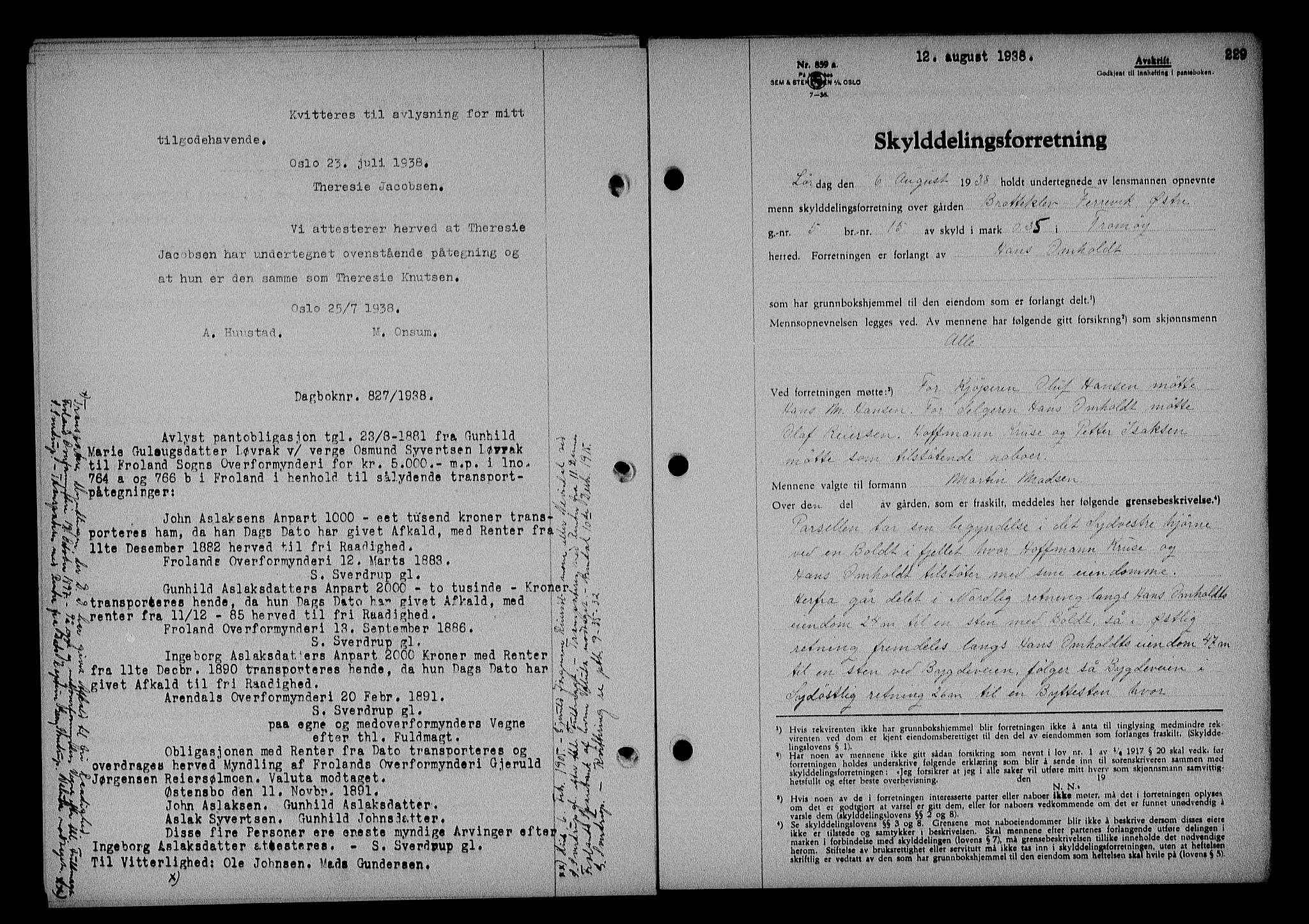 Nedenes sorenskriveri, AV/SAK-1221-0006/G/Gb/Gba/L0045: Mortgage book no. 41, 1938-1938, Diary no: : 826/1938